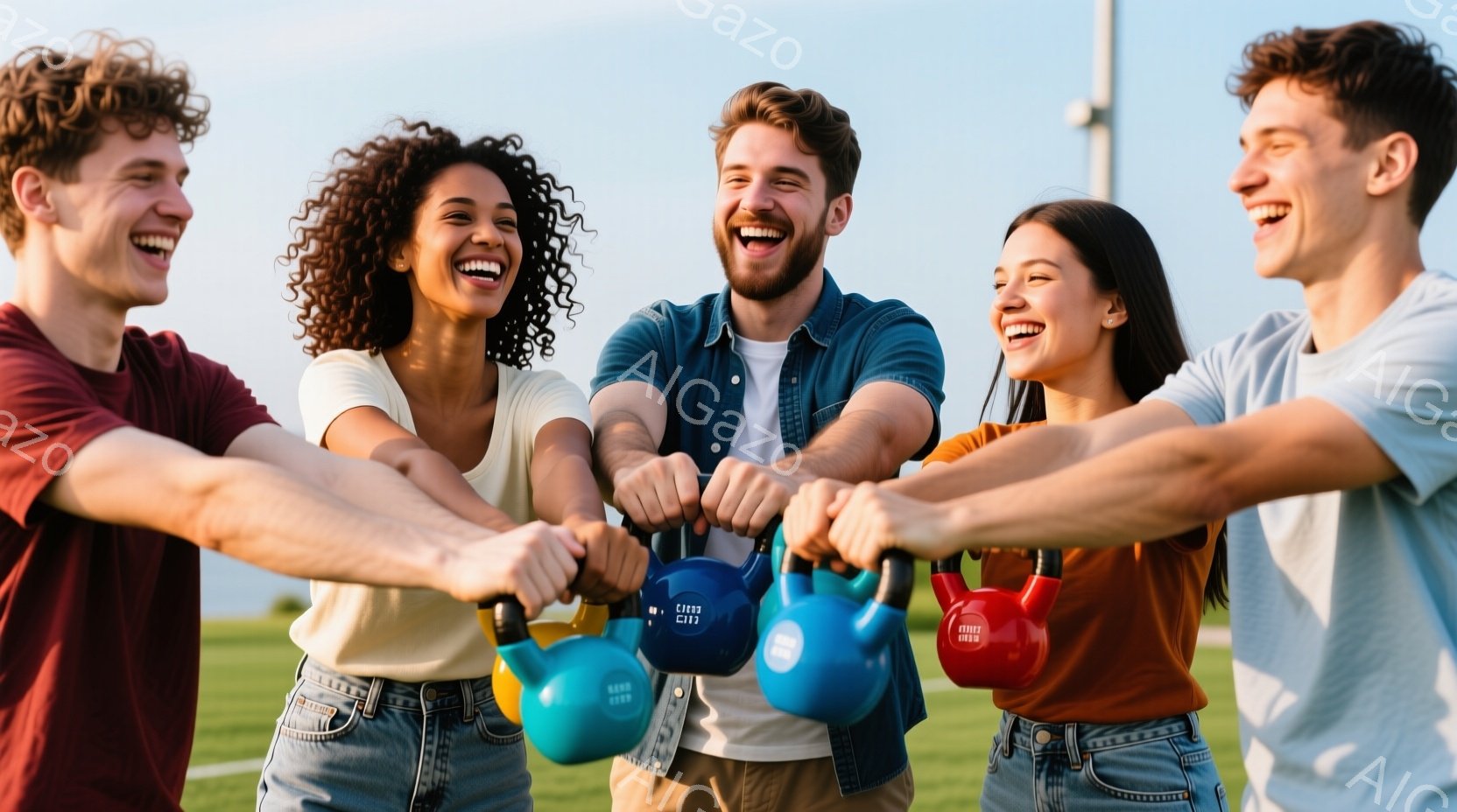 5人の若い男女が、ケトルベルを持って輪になって立っており、皆楽しそうに笑っています。彼らはカジュアルな服装で、それぞれ赤いシャツ、青いシャツ、オレンジ色のシャツなどを着ています。背景には緑の芝生と青い空が見え、晴れた日の屋外での運動や交流を楽しんでいる様子が伝わってきます。