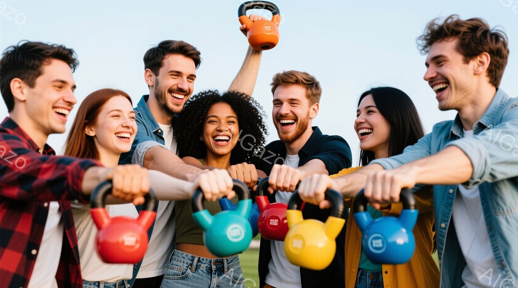6人の人々がダンベルを持って肩を組んで笑っており、皆、カジュアルな服装で、それぞれ赤、青、黄色のダンベルを持っています。背景は緑の草地と青空で、晴れた日のアウトドアでの運動やアクティビティを楽しんでいる様子が伺えます。全体的に明るく活気があり、友好的な雰囲気が漂っています。