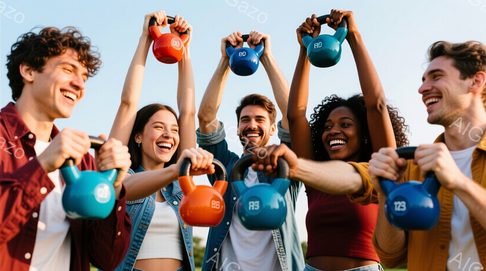 5人の人々がダンベルを持ち上げており、皆笑顔で楽しそうです。男性はチェック柄のシャツや白いTシャツ、女性は白いタンクトップやデニムジャケットを着ています。背景には青空と緑の草地が見え、晴れた日の屋外でのトレーニングや運動の様子を表しています。