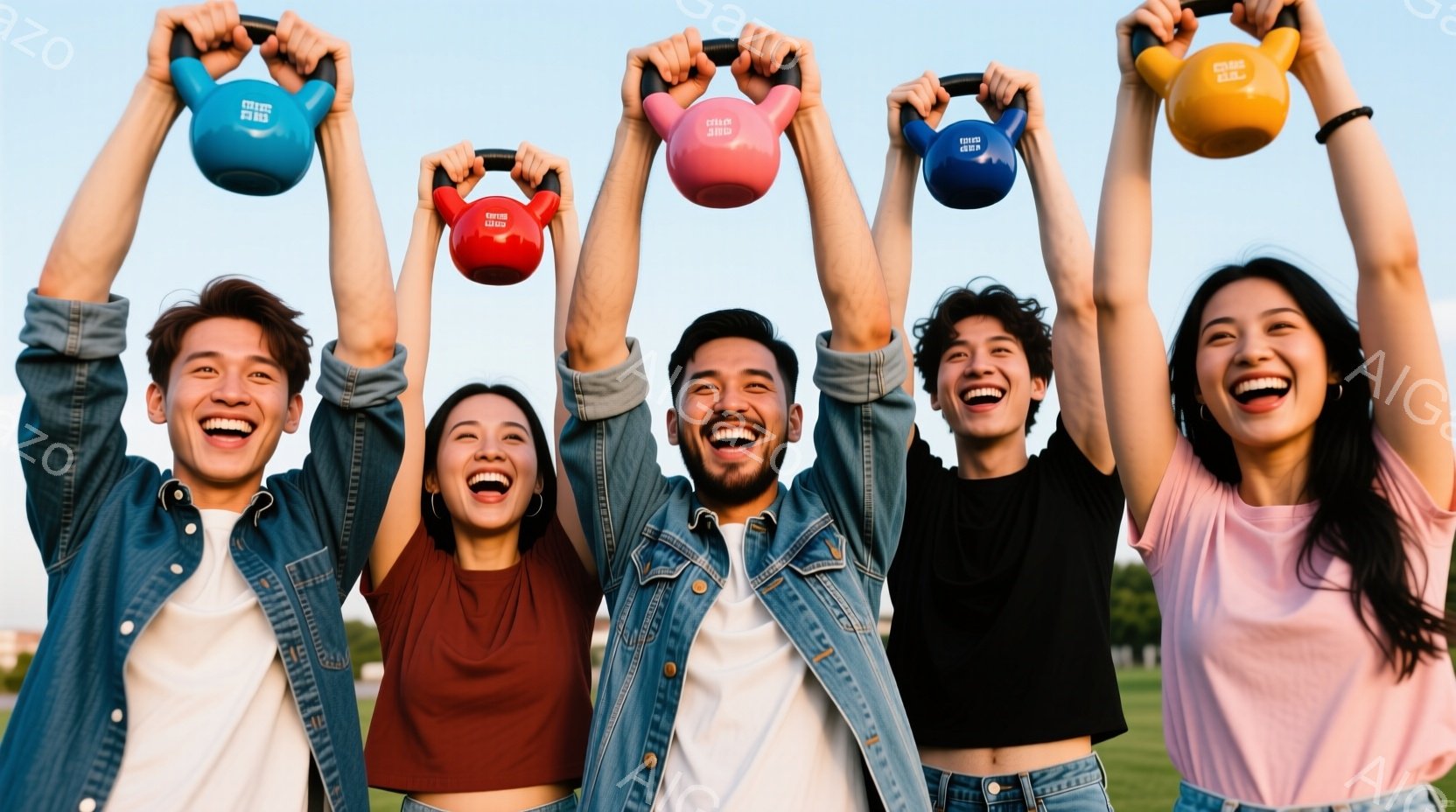 5人の若者が、それぞれ異なる色のケトルベルを頭上に掲げ、満面の笑みを浮かべています。彼らはカジュアルな服装で、デニムジャケットやTシャツを着ており、髪型も様々です。背景には緑の芝生が広がり、晴れた空の下、活気に満ちた雰囲気です。