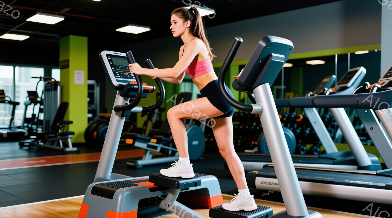 筋トレジムで、女性がエアロバイクのようなマシンを使って運動しています。彼女はピンクのスポーツブラと黒のショートパンツ、白い靴を履いており、ポニーテールにしています。ジム内には他のマシンが見え、明るく活気のある雰囲気です。
