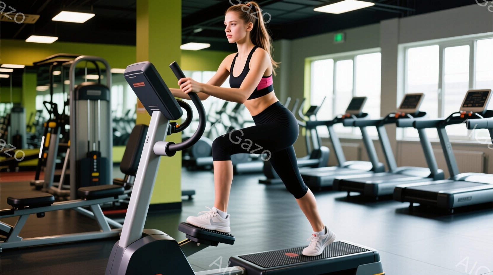 ジムで運動する女性が写っています。彼女は黒のレギンスとピンクのスポーツブラを着ており、ポニーテールにしています。彼女はトレッドミルのような運動器具を使って片足を高く上げて運動しており、集中した表情をし - AI生成フリー素材