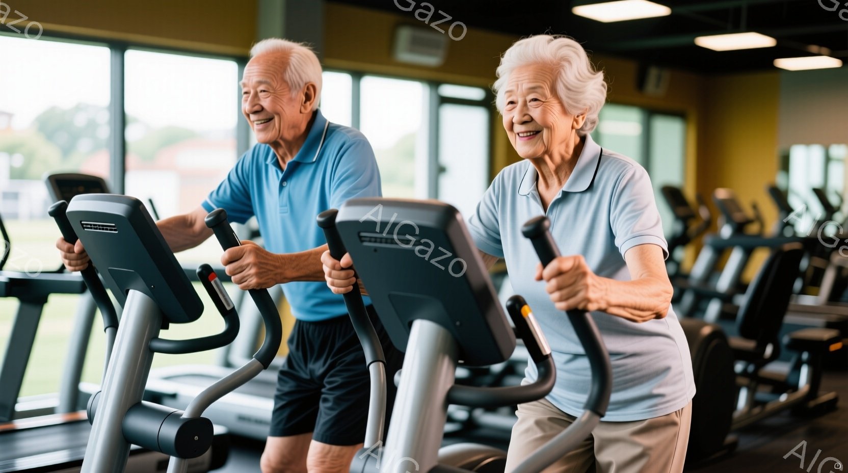 2人の高齢者がジムでエアロバイクを使っています。男性は青いポロシャツと黒のショートパンツを着ており、女性は同じく青いシャツとベージュのズボンを着用しています。ジムの背景には他のトレーニングマシンが見え - AI生成フリー素材