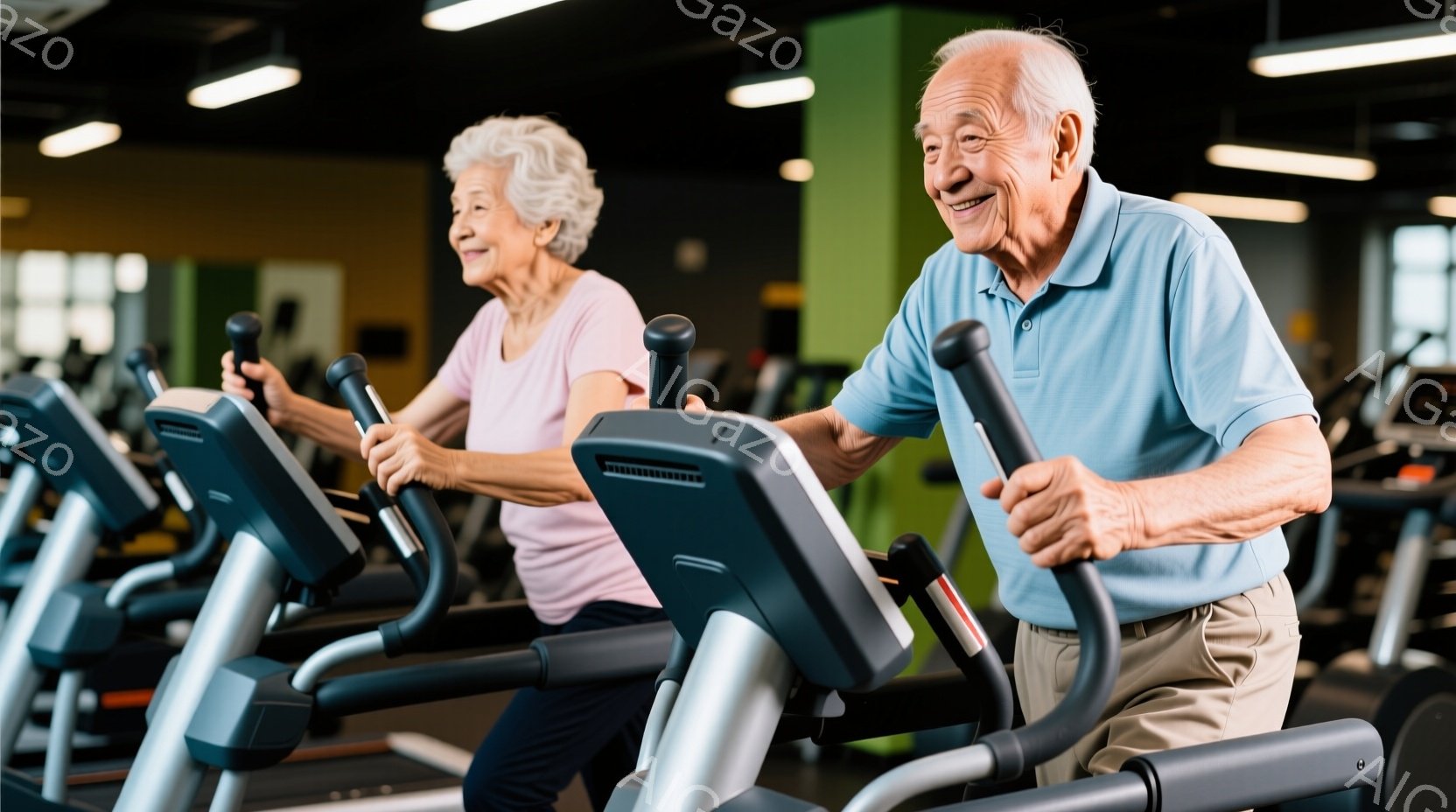 ジムでエアロバイクを使っている高齢の男女が二人写っています。男性は水色のポロシャツとベージュ色のズボンを着ており、笑顔でエクササイズを楽しんでいます。女性はピンク色のシャツを着ており、後ろ姿ですが、姿 - AI生成フリー素材