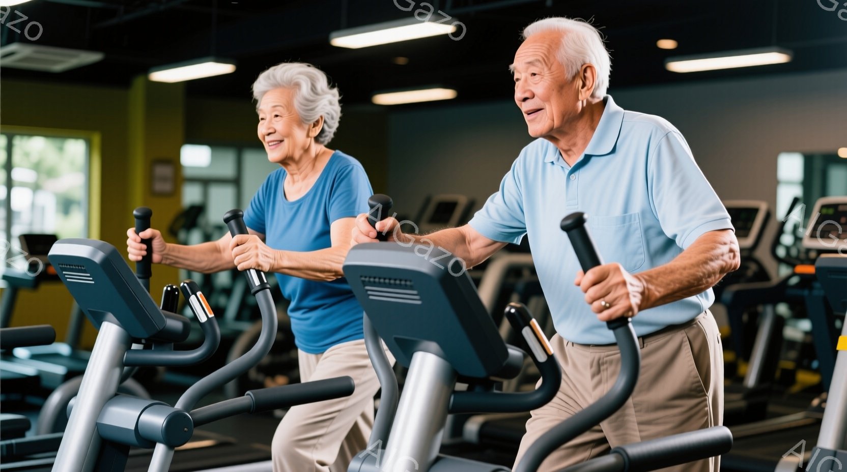 高齢の男女がジムでエアロバイクを使用しています。女性は青いシャツとベージュのズボンを着用し、男性は薄い青色のポロシャツとベージュのズボンを着用しています。二人は前方を向き、運動に集中した表情で、健康的なライフスタイルを楽しんでいる様子が伺えます。