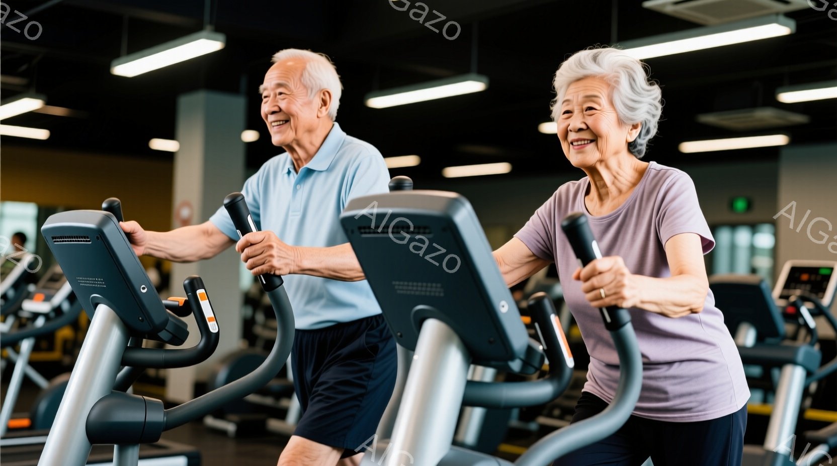 高齢の男女がジムでエアロバイクを使用しています。男性は水色のポロシャツと紺色の短パン姿で、女性は薄紫色のTシャツを着ています。二人は笑顔で前を見据え、健康的なライフスタイルを楽しんでいる様子が伺えます。