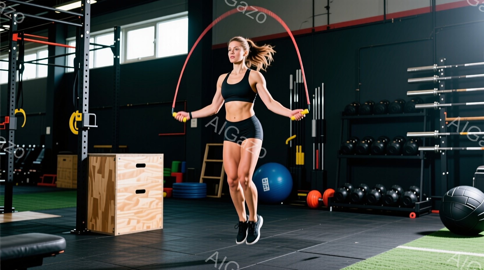 筋トレジムで女性が縄跳びをしている画像です。黒いスポーツブラとショーツ、黒いスニーカーを着用し、髪はポニーテールに結んでいます。ジム内には、ダンベル、ケトルベル、ボックス、エクササイズボールなどのトレーニング器具が置かれ、集中して運動に取り組む様子が伝わってきます。