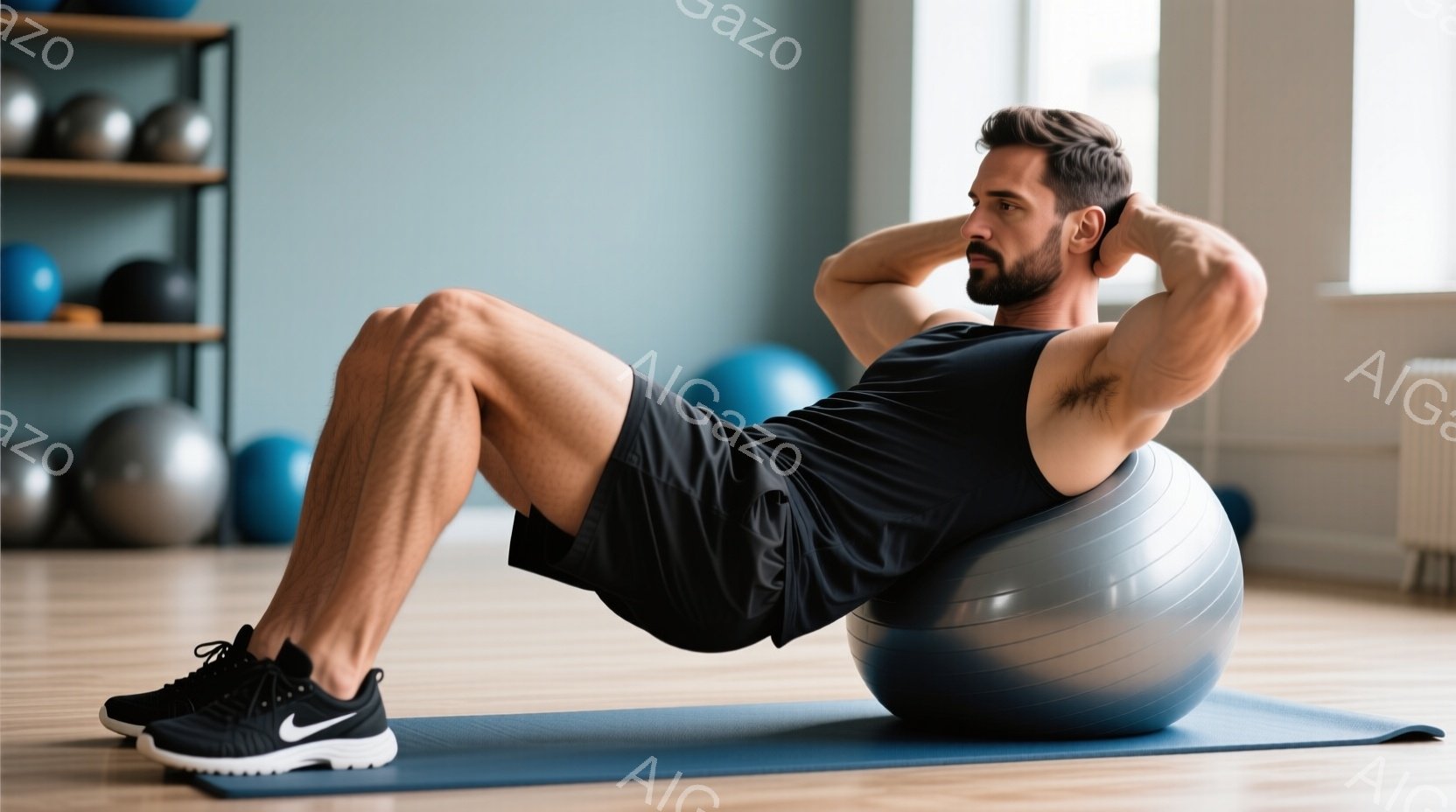 筋骨隆々の男性が、エクササイズボールの上で腹筋運動をしている写真です。彼は黒のショーツとタンクトップを着用し、黒いスニーカーを履いています。背景には、様々なサイズのフィットネスボールが並び、明るい室内トレーニングの雰囲気が漂っています。