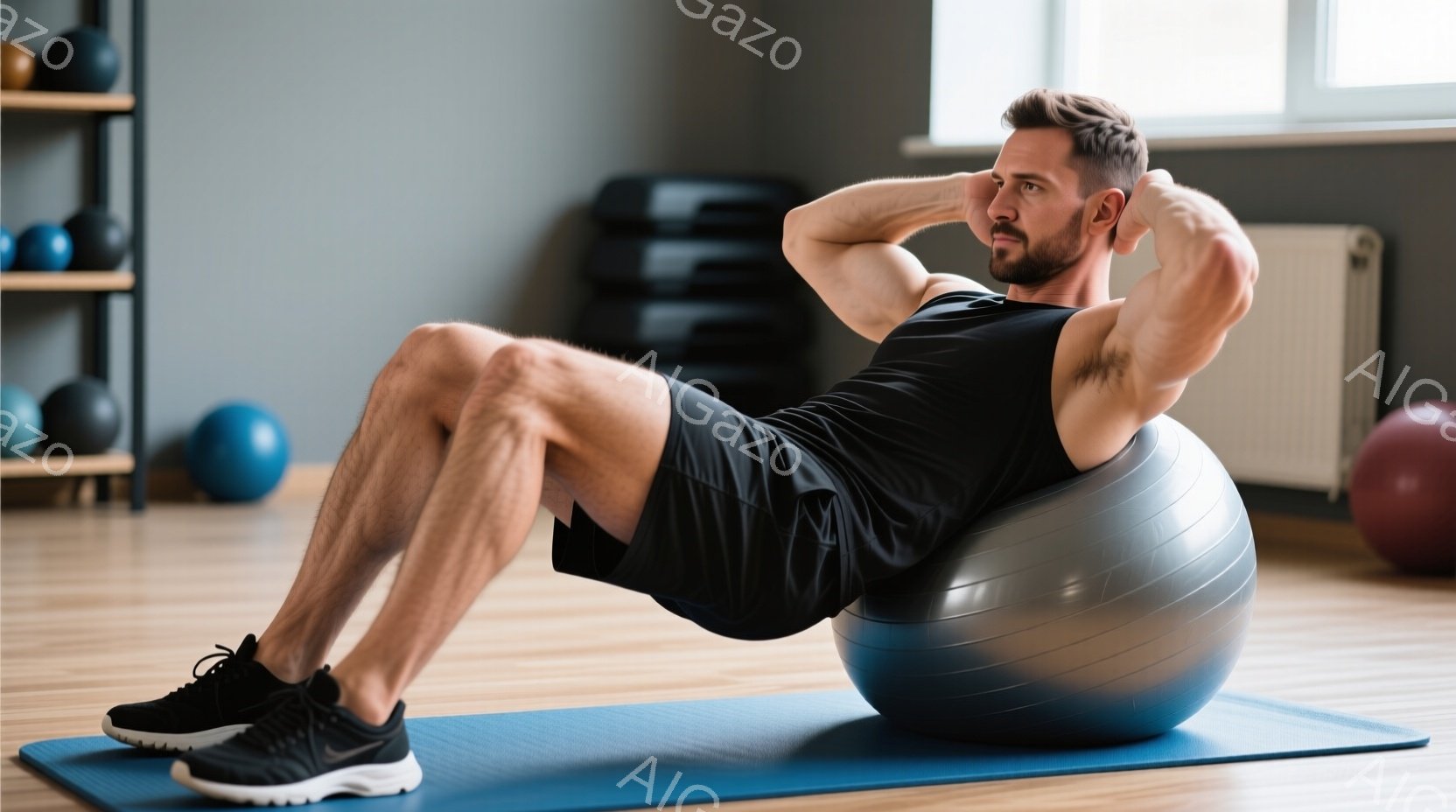 筋骨隆々の男性が、エクササイズボールの上でクランチを行っています。黒のタンクトップとショーツ姿で、髪は短く整えられ、真剣な表情で前を見つめています。背景には、様々なエクササイズボールが置かれたフィットネスジムのような室内で、明るく清潔な雰囲気が漂っています。