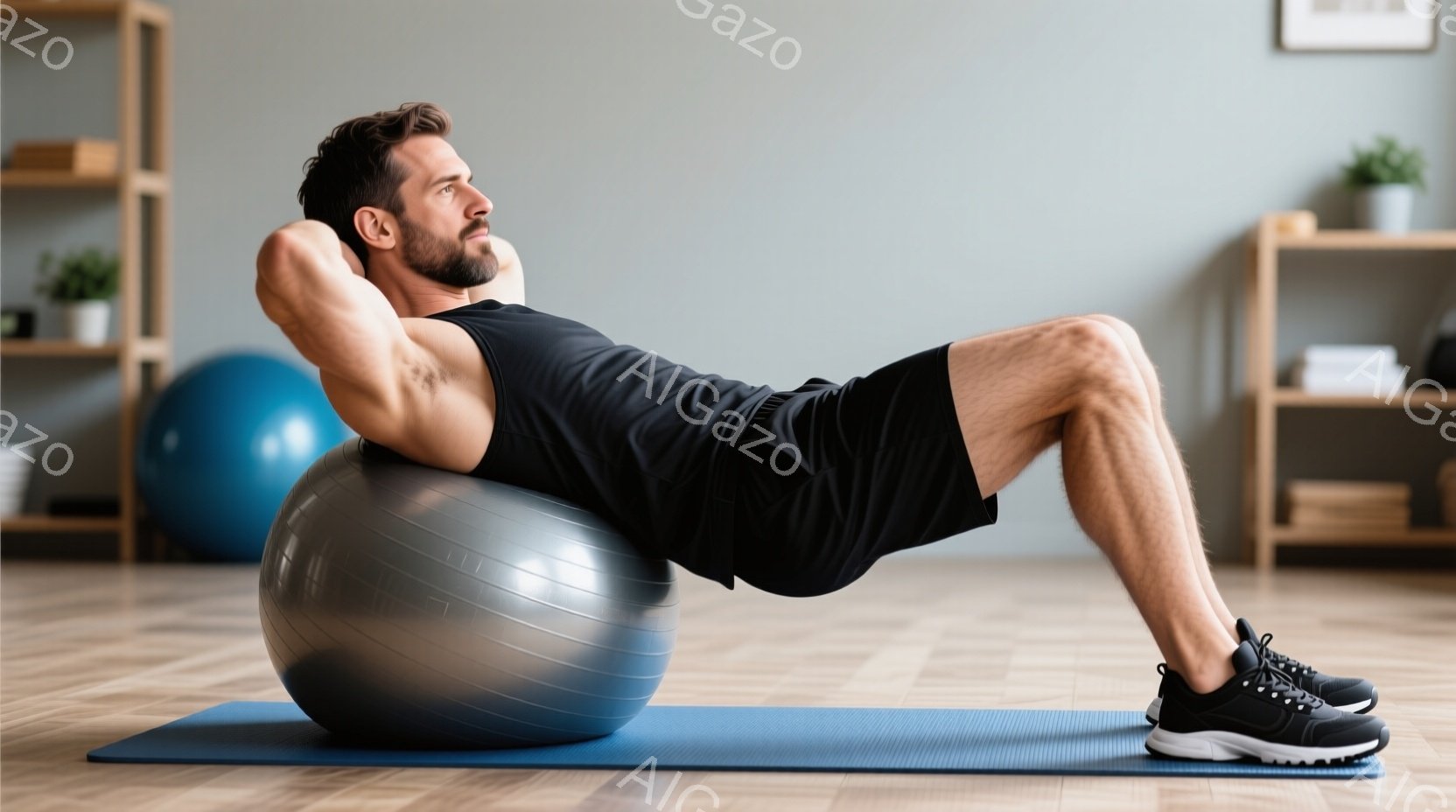 鍛え上げられた男性が、エクササイズボールの上で腹筋運動をしている写真です。黒のタンクトップとショートパンツを着用し、黒の運動靴を履いています。背景には木製の床と白い本棚があり、明るく清潔感のあるトレーニングルームの雰囲気です。