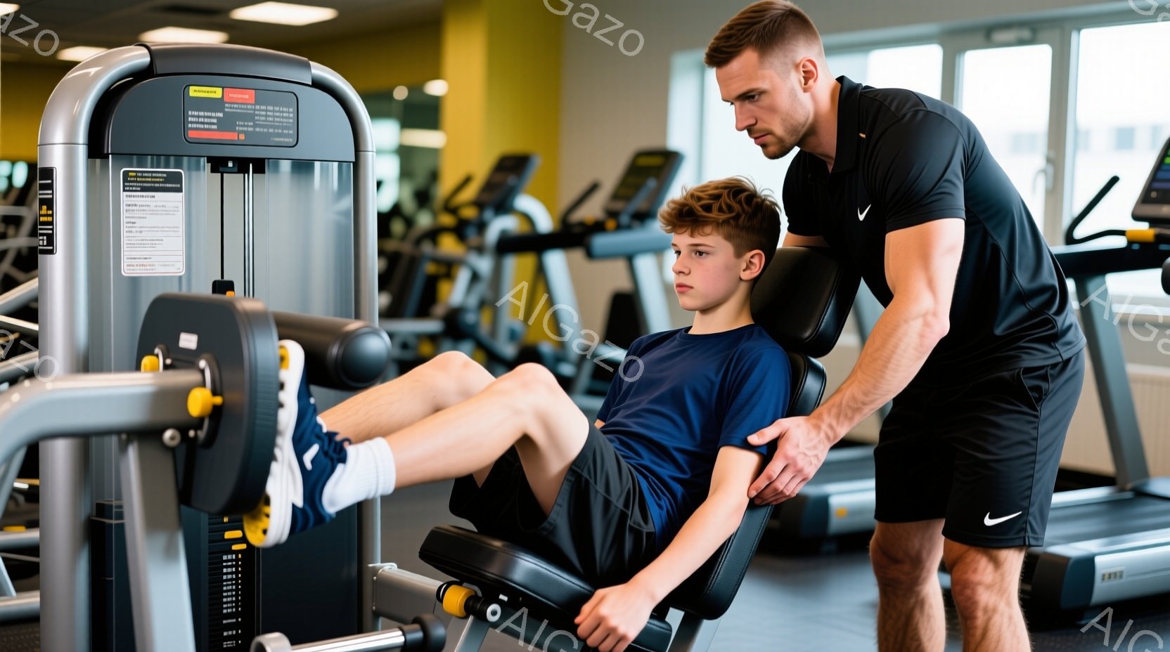 少年はジムのレッグカールマシンに座っており、トレーニングを受けている様子です。彼は濃い青のTシャツと黒いショーツを着用し、髪は短くブロンドです。トレーナーと思われる男性は、彼の背中を支えながら、姿勢を調整しているようです。