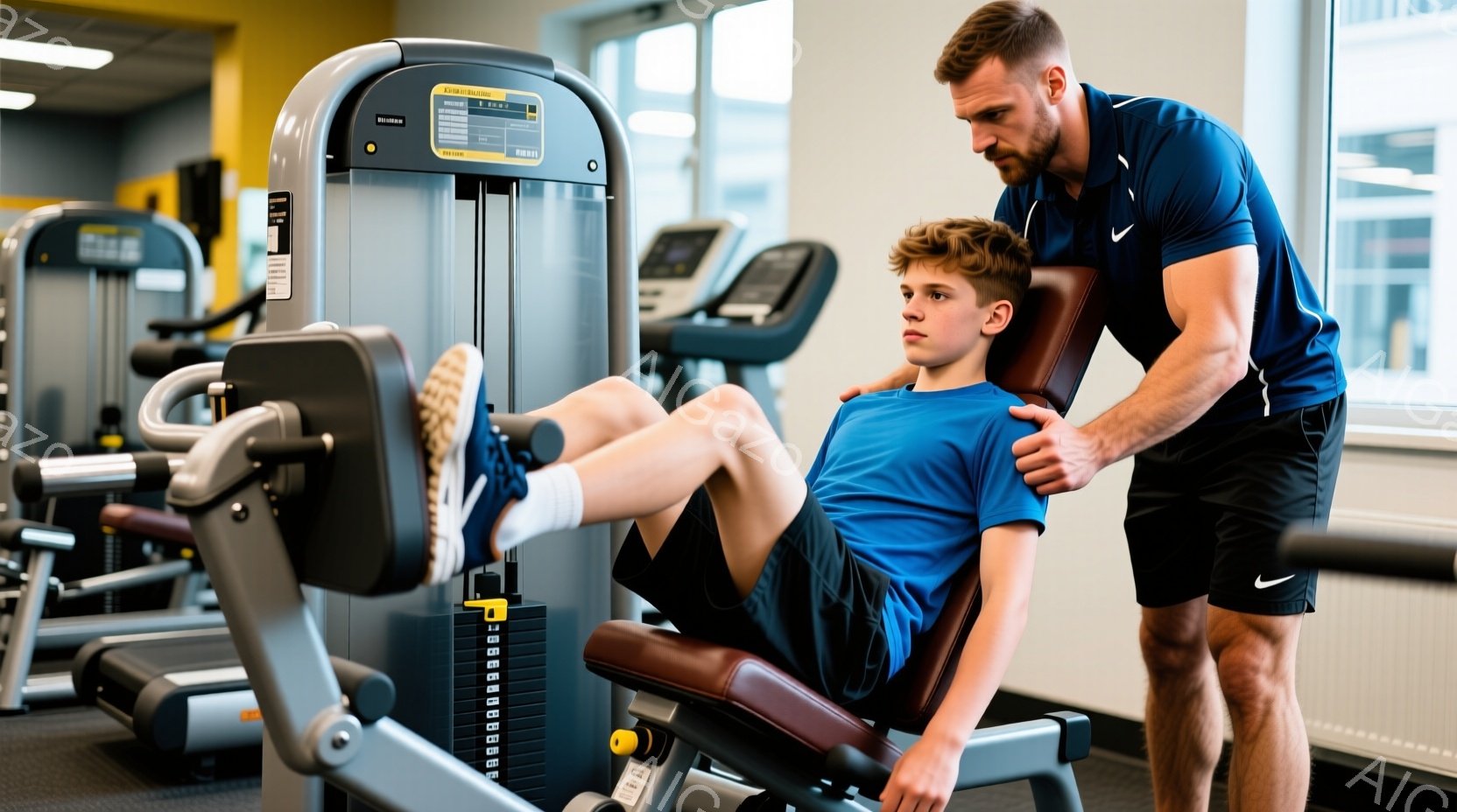 少年はジムのレッグカールマシンでトレーニングしており、青いTシャツと短いズボンを着用しています。熟練した男性トレーナーが少年の背中を支え、正しいフォームをサポートしています。背景には他のトレーニング器具があり、ジムの活気ある雰囲気が感じられます。