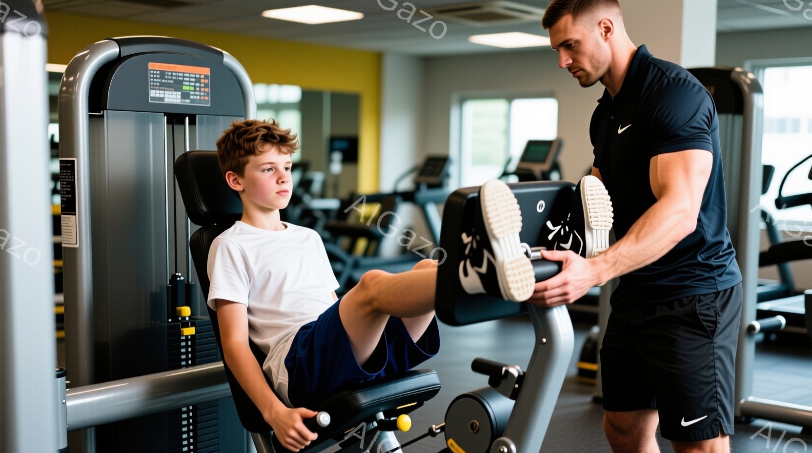 少年はジムのトレーニングマシンに座っており、脚を伸ばしているところです。彼は白いTシャツと紺色の短パンを着用し、少し真剣な表情をしています。背景には他のトレーニングマシンが見え、明るい室内で健康的な雰囲気が漂っています。