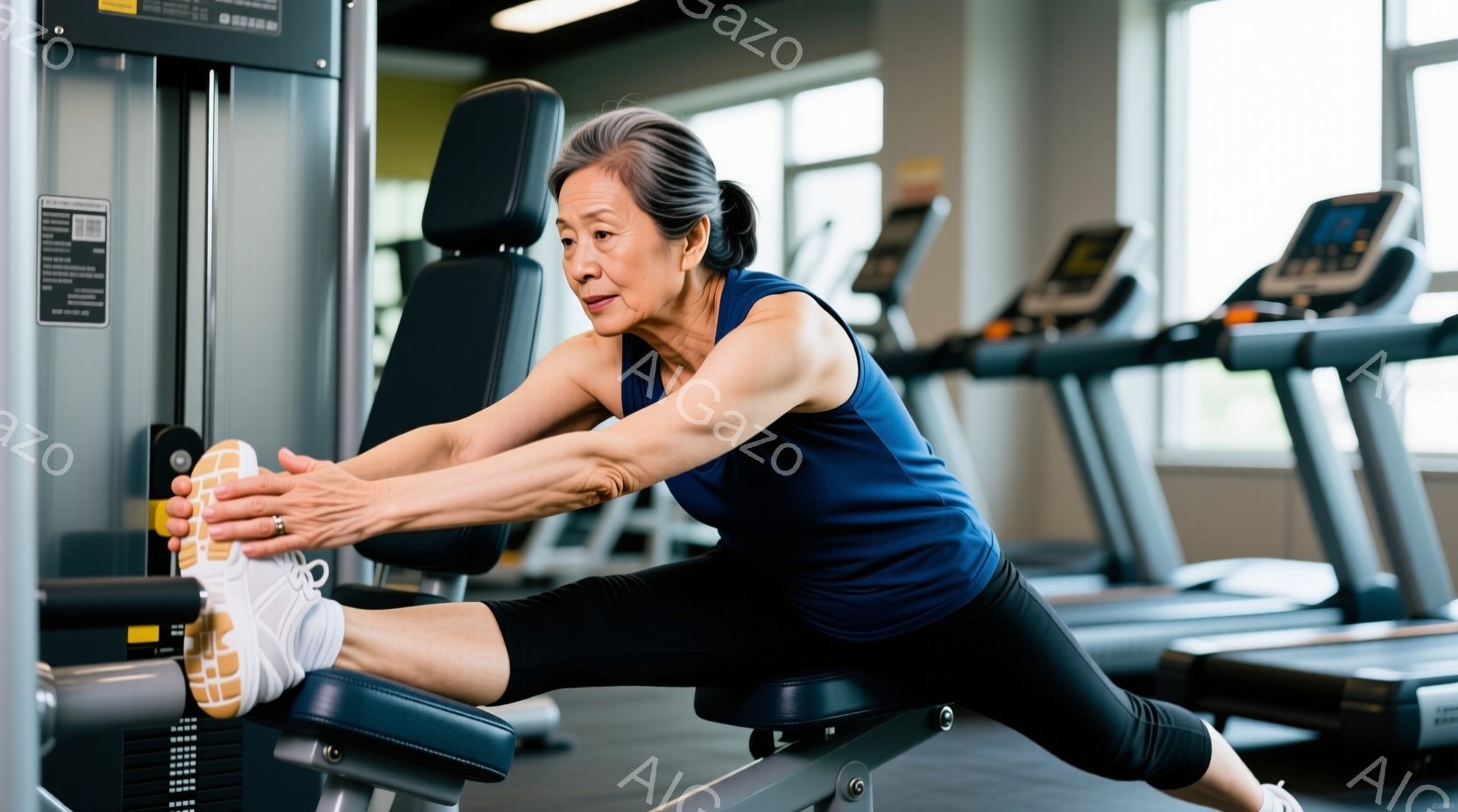 体育館でストレッチをしている高齢の女性が写っています。彼女は濃い青色のタンクトップと黒のレギンスを身につけ、白のスニーカーを履いています。彼女はストレッチマシンに座り、片足を伸ばして、集中した表情で柔軟運動を行っています。