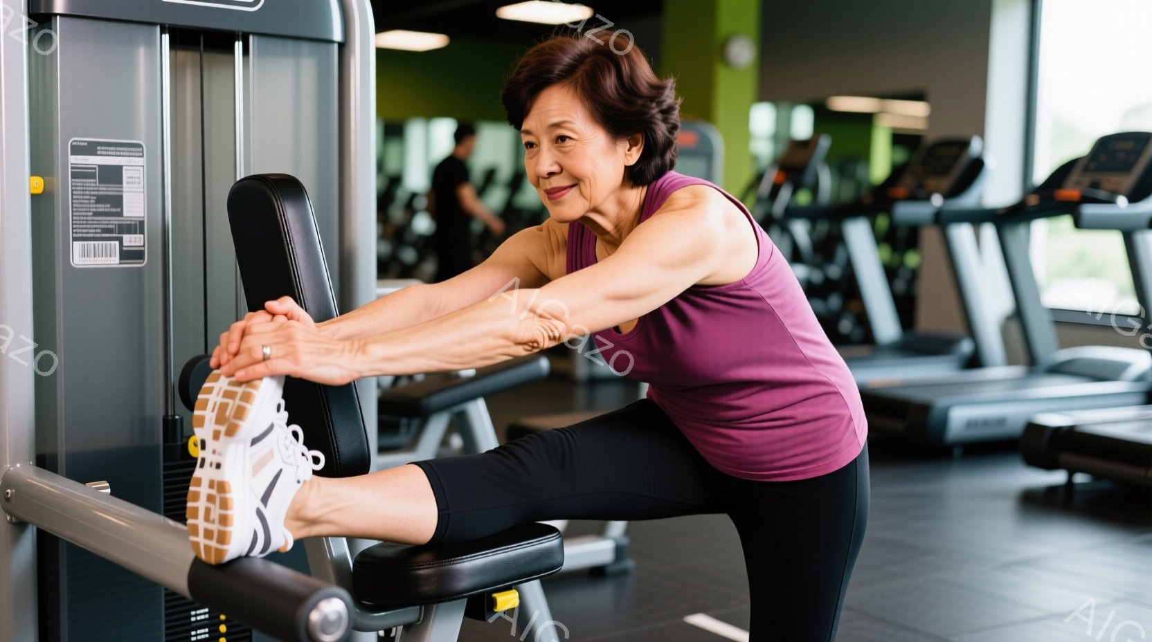 年配の女性がジムでストレッチを行っています。紫色のタンクトップと黒いレギンス、白いスニーカーを着用し、片足をストレッチマシンに乗せて体を伸ばしています。ジム内には他のトレーニングマシンがいくつか見え、明るく活気のある雰囲気です。