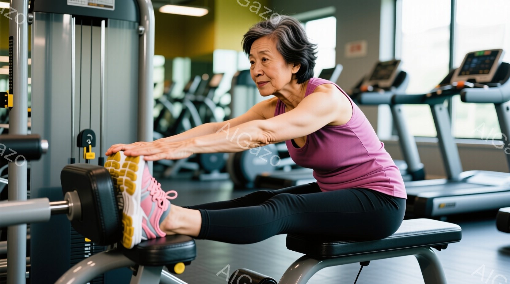 白髪の女性がジムのベンチに座り、片足を伸ばしてストレッチをしている。彼女は紫色のタンクトップと黒いレギンスを身につけ、ピンクと白のスニーカーを履いている。背景には他のジムの器具が見え、明るく清潔な雰囲気の室内で運動に取り組んでいる様子が伺える。