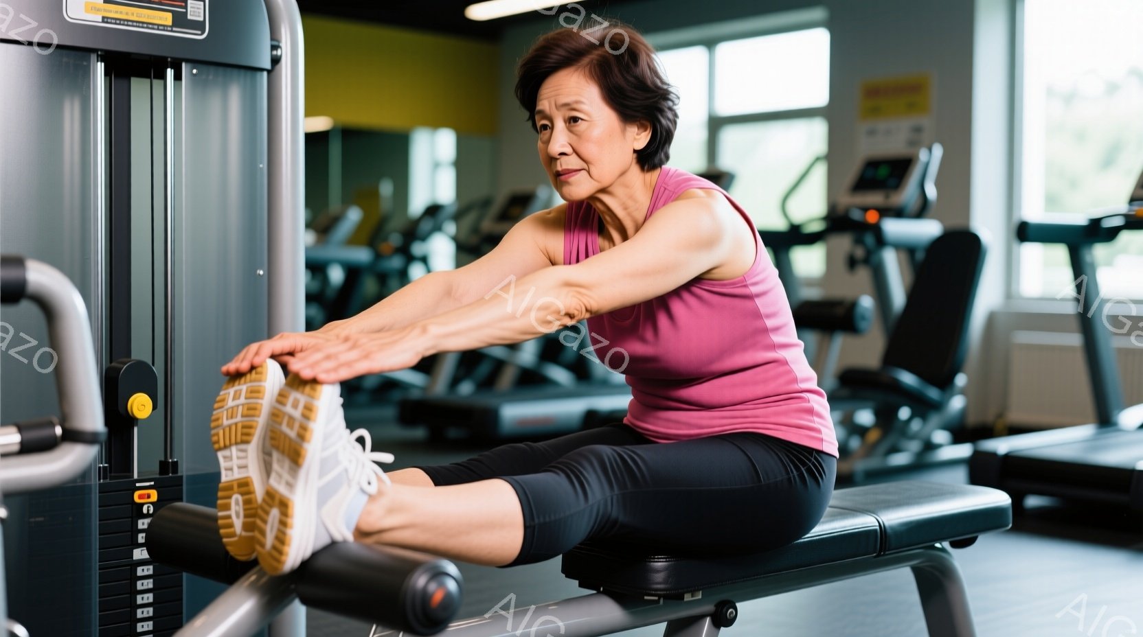 年齢を重ねた女性が、ジムのベンチに座って前屈をしている様子が写っている。ピンクのタンクトップと黒いキャプリパンツを着用し、白のスニーカーを履いている。背景には他のトレーニングマシンが見え、ジムの明るい雰囲気を感じさせる。