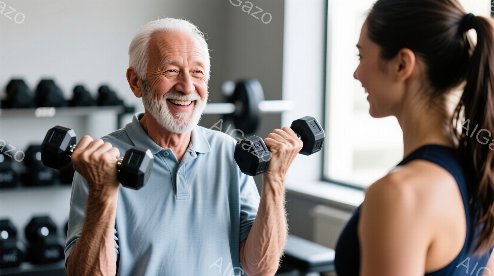 白髪で笑顔の高齢男性が、ダンベルを使ってバイセップカールをしている様子が写っています。彼は水色のポロシャツを着ており、姿勢は力強く、楽しそうな表情をしています。背景にはジムのトレーニング機器が見え、明るい室内で活気のある雰囲気が感じられます。
