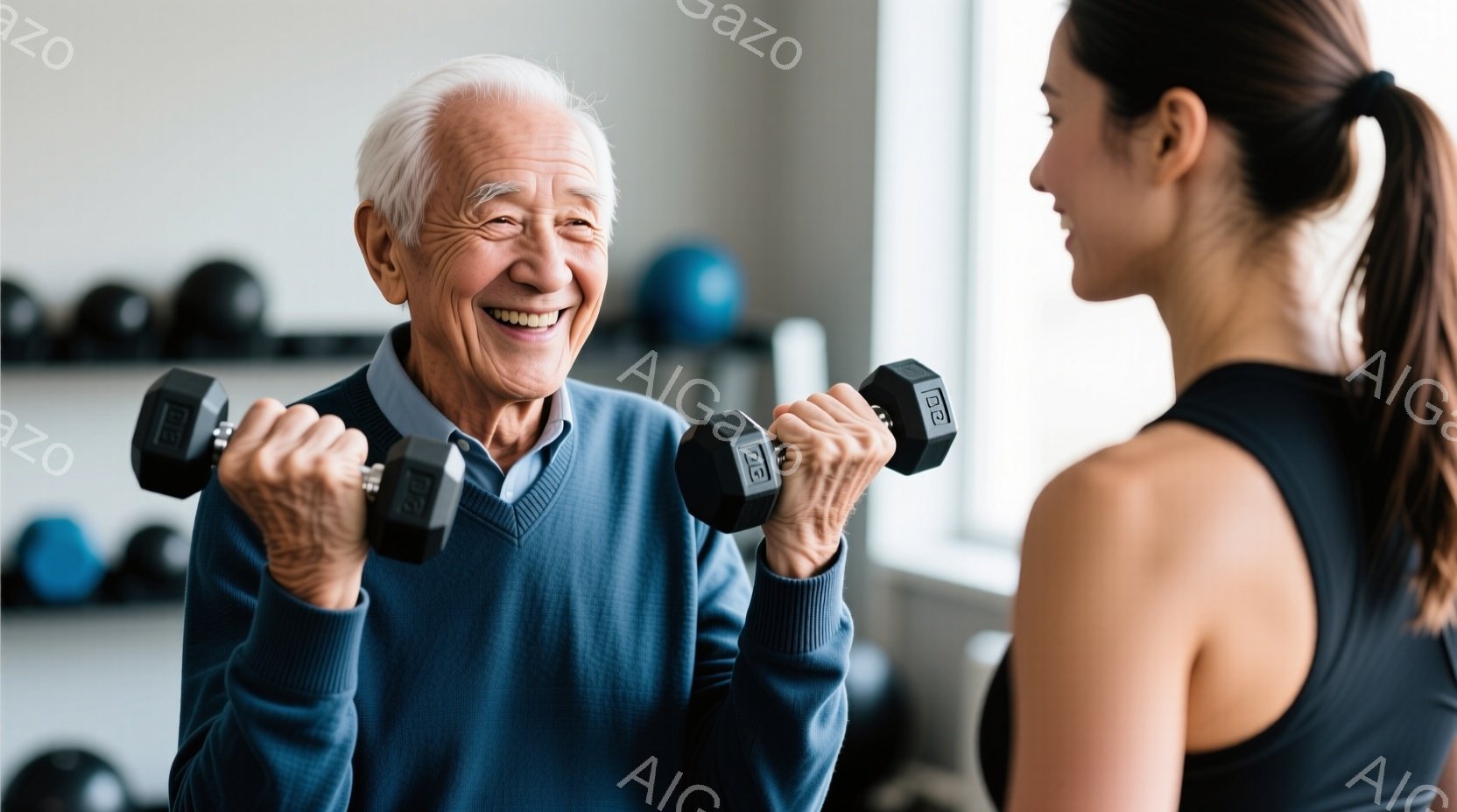 高齢の男性がジムでダンベルを持ち上げ、笑顔を見せています。彼は青いセーターを着ており、短髪で白髪です。背景には、他のエクササイズ器具や窓が見え、明るく活気のある雰囲気です。
