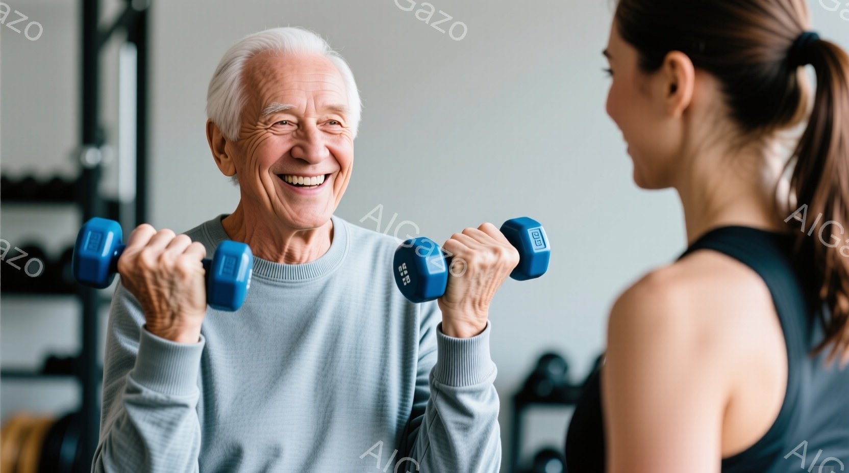 白髪で笑顔の高齢男性が、青いダンベルを両手に持って腕を曲げ、トレーニングを行っています。彼はグレーの長袖シャツを着ており、背景にはジムの器具が見えます。全体的に、健康的で活動的なライフスタイルを象徴する、明るくポジティブな雰囲気です。