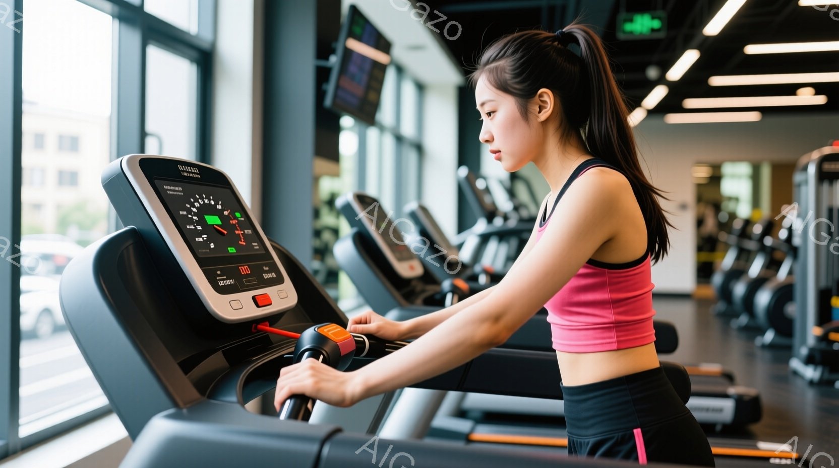 ジムでトレッドミルで運動している女性が写っています。彼女はピンクのスポーツブラと黒いレギンスを身に着け、髪をポニーテールにしています。彼女は集中した表情でトレッドミルの手すりにつかまり、前方に視線を向けています。