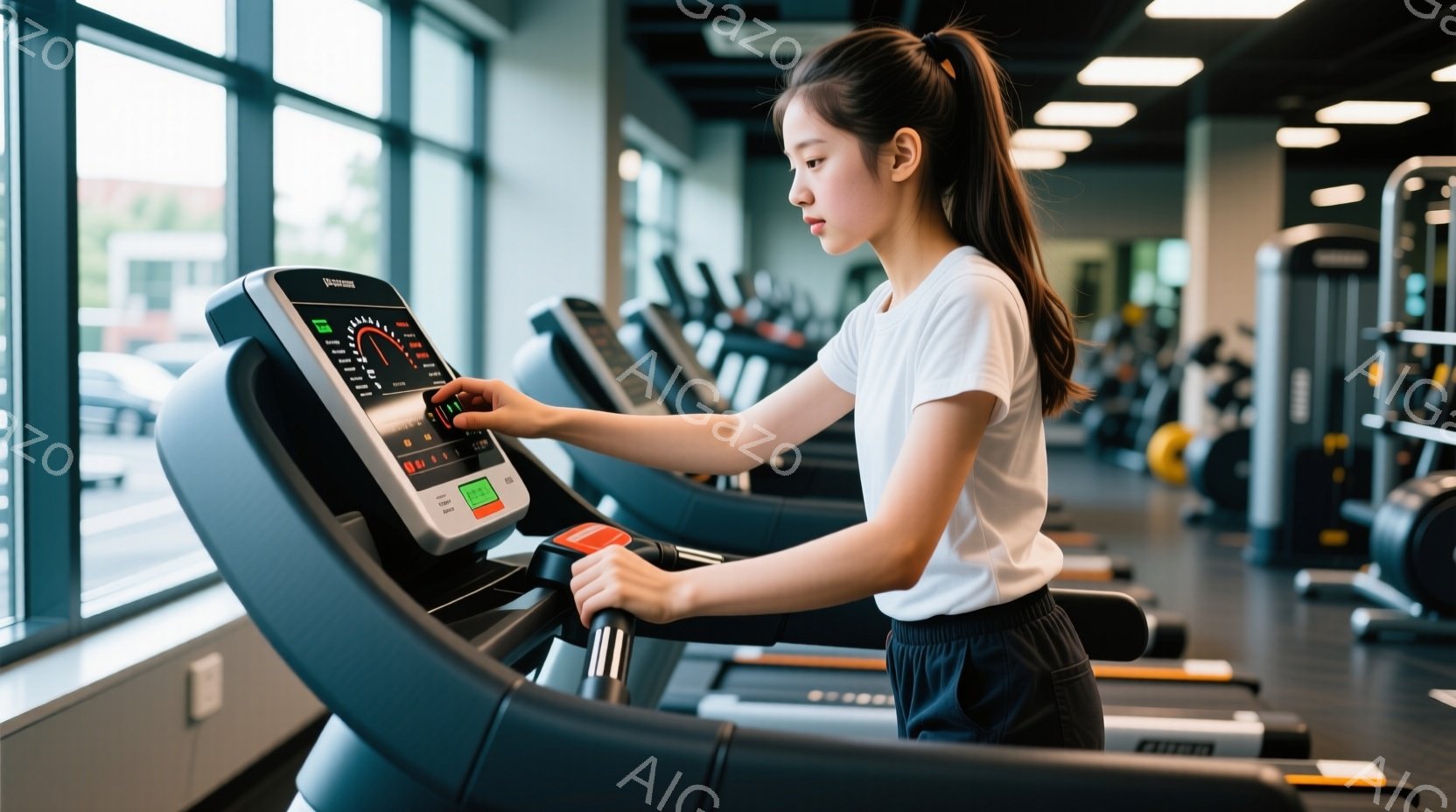 若い女性がジムでトレッドミルを使用しています。彼女は白いTシャツと紺色のショートパンツを着用し、髪は後ろでポニーテールに結ばれています。トレッドミルの画面を見つめながら、集中した表情で手をグリップに添え、運動に取り組んでいます。