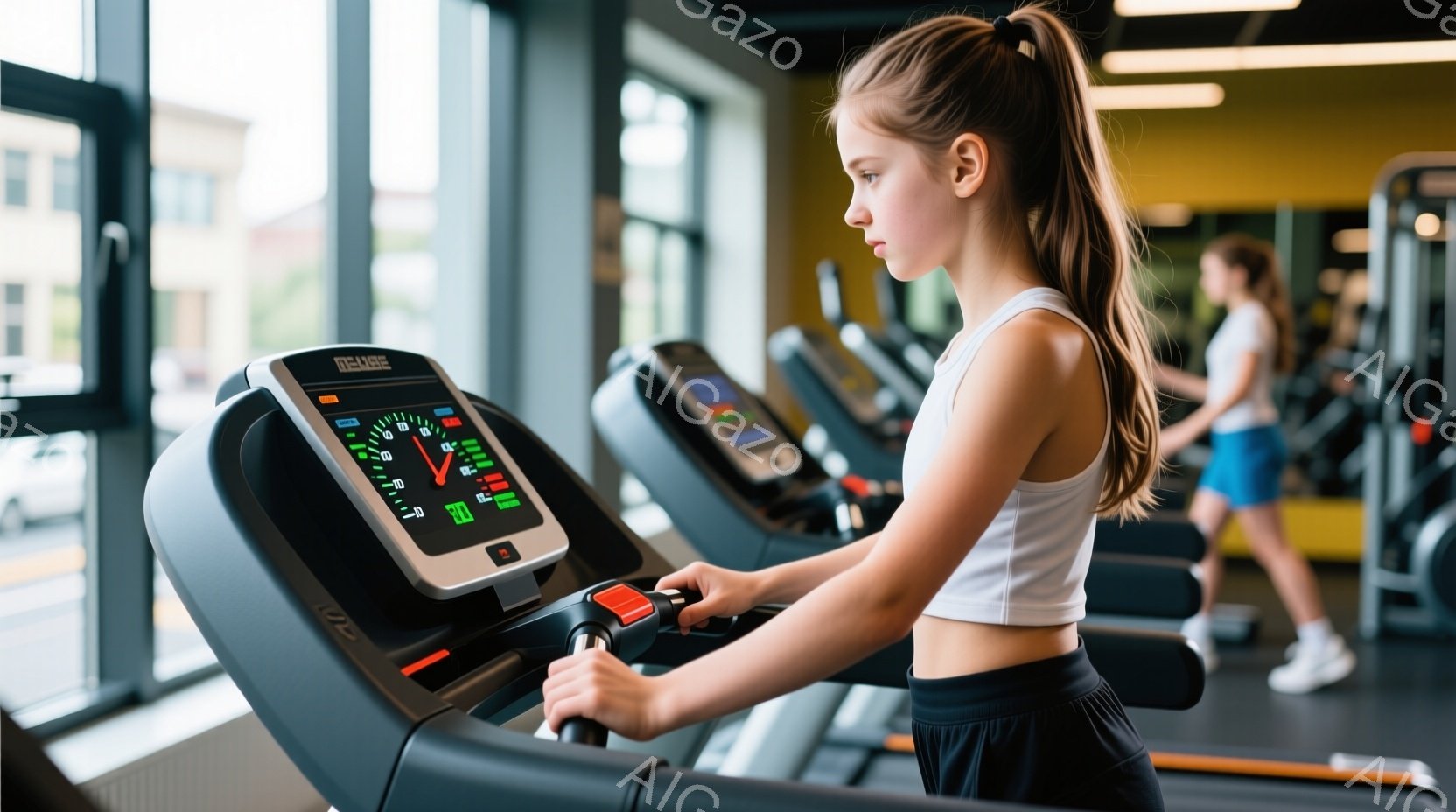 若い女性がトレッドミルで運動している様子が写っている。彼女は白いタンクトップと黒いショートパンツを着用し、髪を高いポニーテールにしている。背景には他のトレッドミルとジムの設備が見え、明るく活気のある雰囲気である。