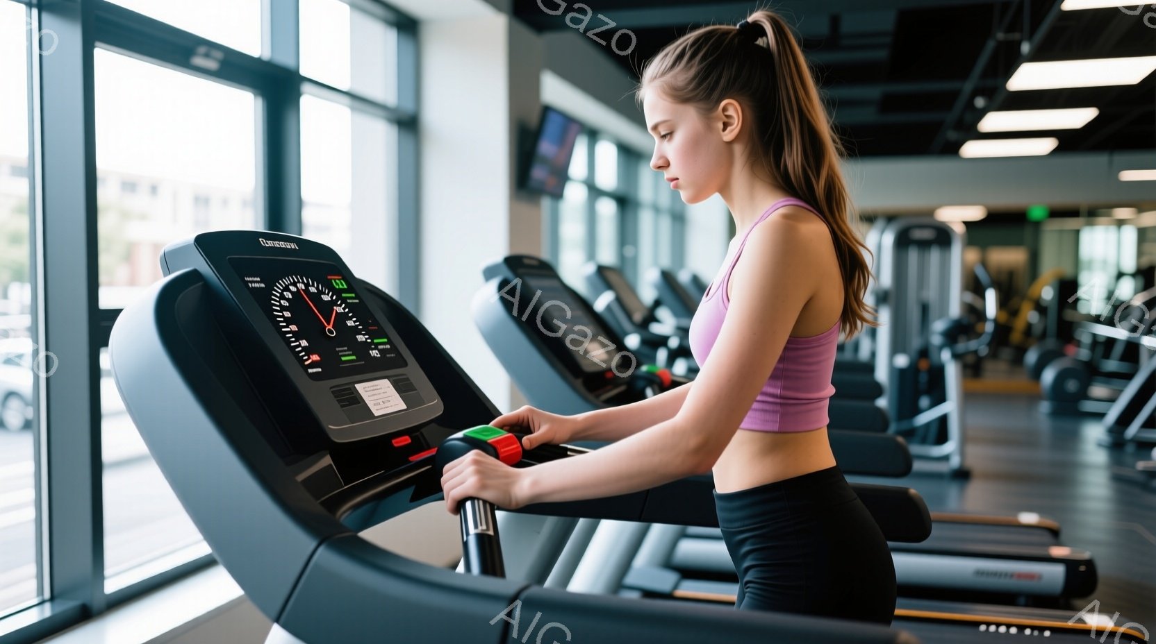 筋トレルームで女性がトレッドミルで走っている様子が写っている。彼女はピンクのタンクトップと黒いレギンスを着用し、髪はポニーテールに結んでいる。背景には他のトレッドミルやジムの設備、そして窓の外には建物と自然が見え、活気のある雰囲気が漂っている。