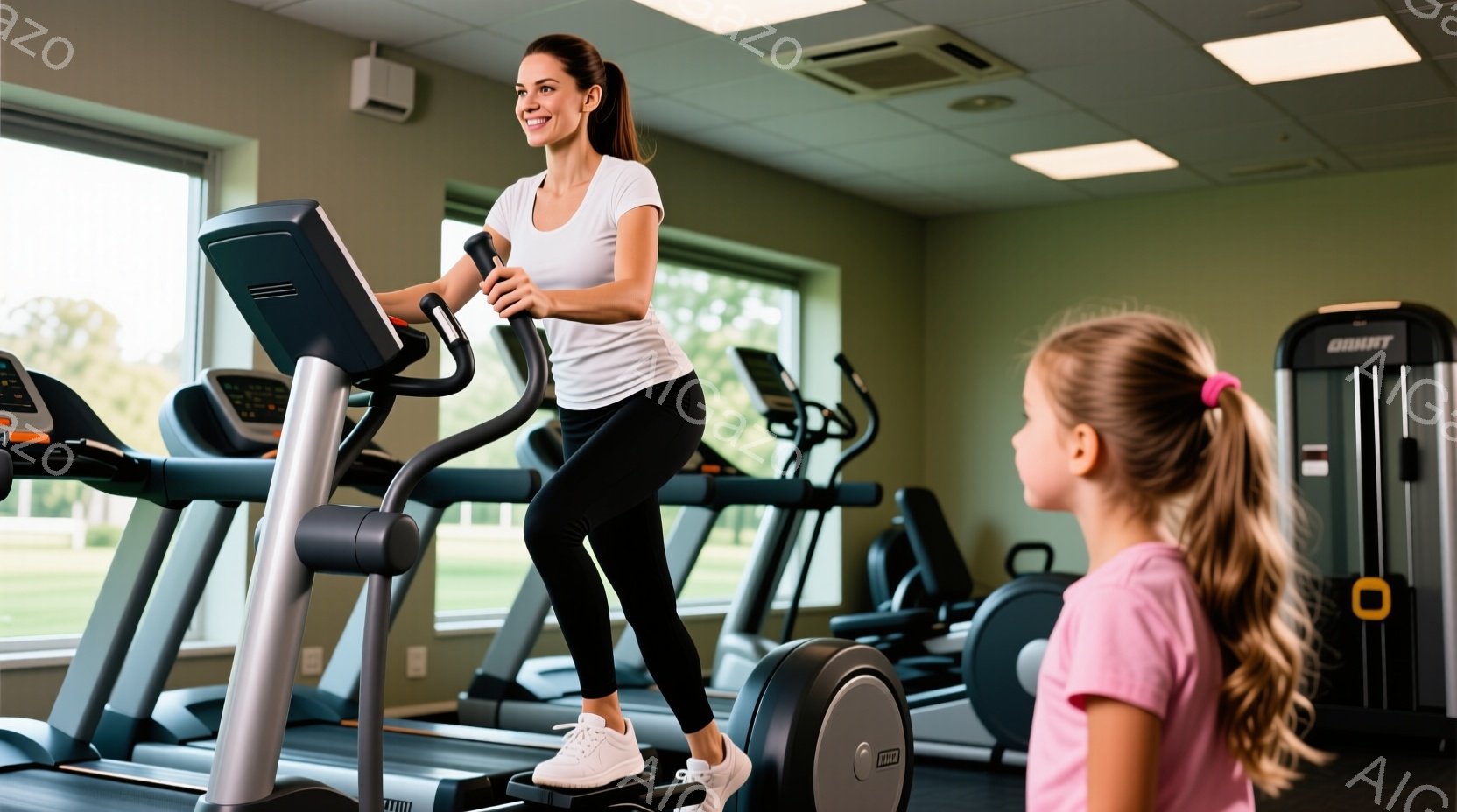 筋トレジムで女性がトレッドミルで運動している様子が写っています。彼女は白いTシャツと黒いレギンス、スニーカーを履いており、髪は後ろで束ねられています。背景には他のトレッドミルや窓から見える緑豊かな風景があり、明るく活気のある雰囲気が漂っています。