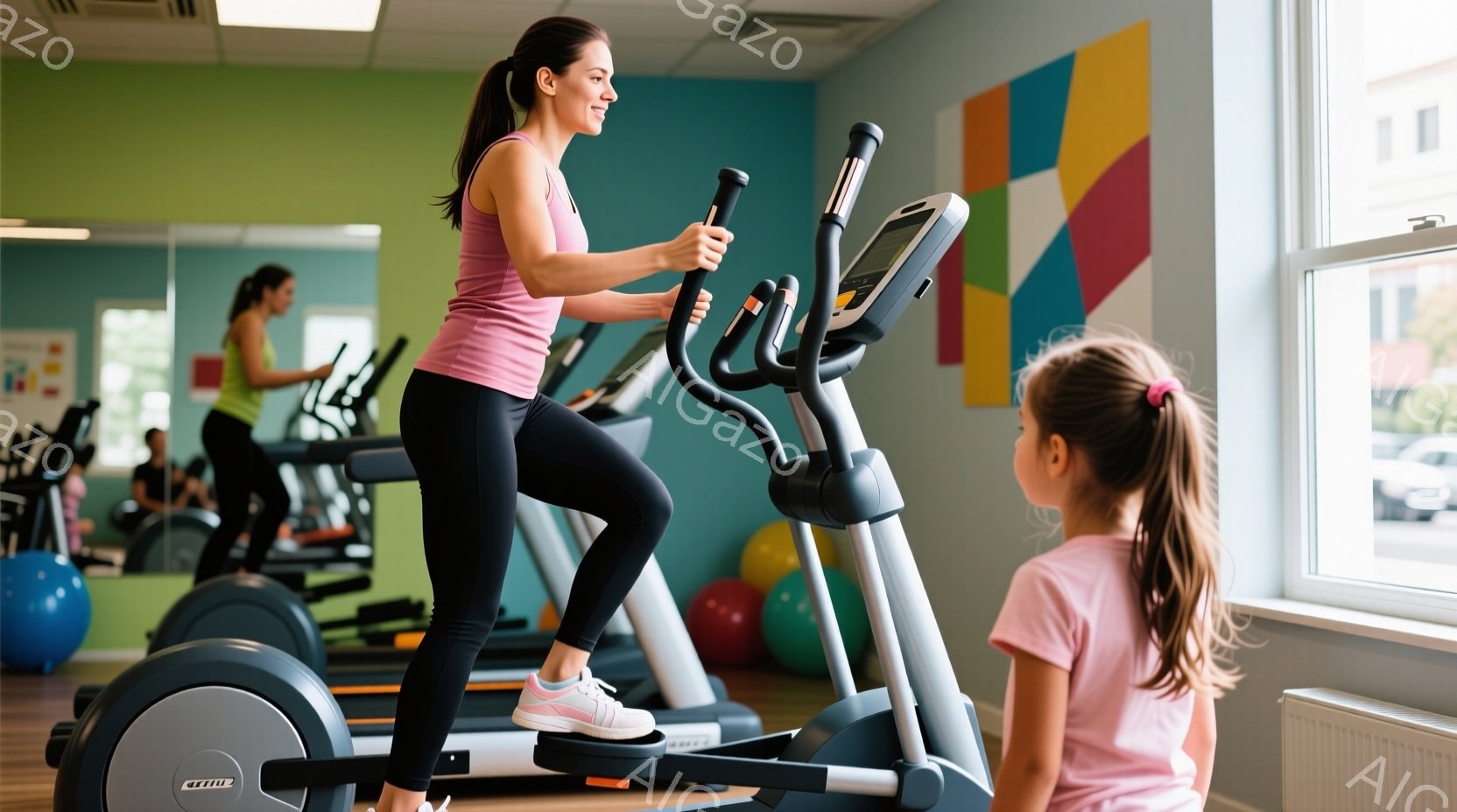 ジムで運動する女性が描かれています。彼女はピンク色のタンクトップと黒いレギンス、運動靴を着用し、エアロバイクの上で運動しています。背景には他の運動器具やボール、そして窓から見える建物と自然が見え、明る - AI生成フリー素材