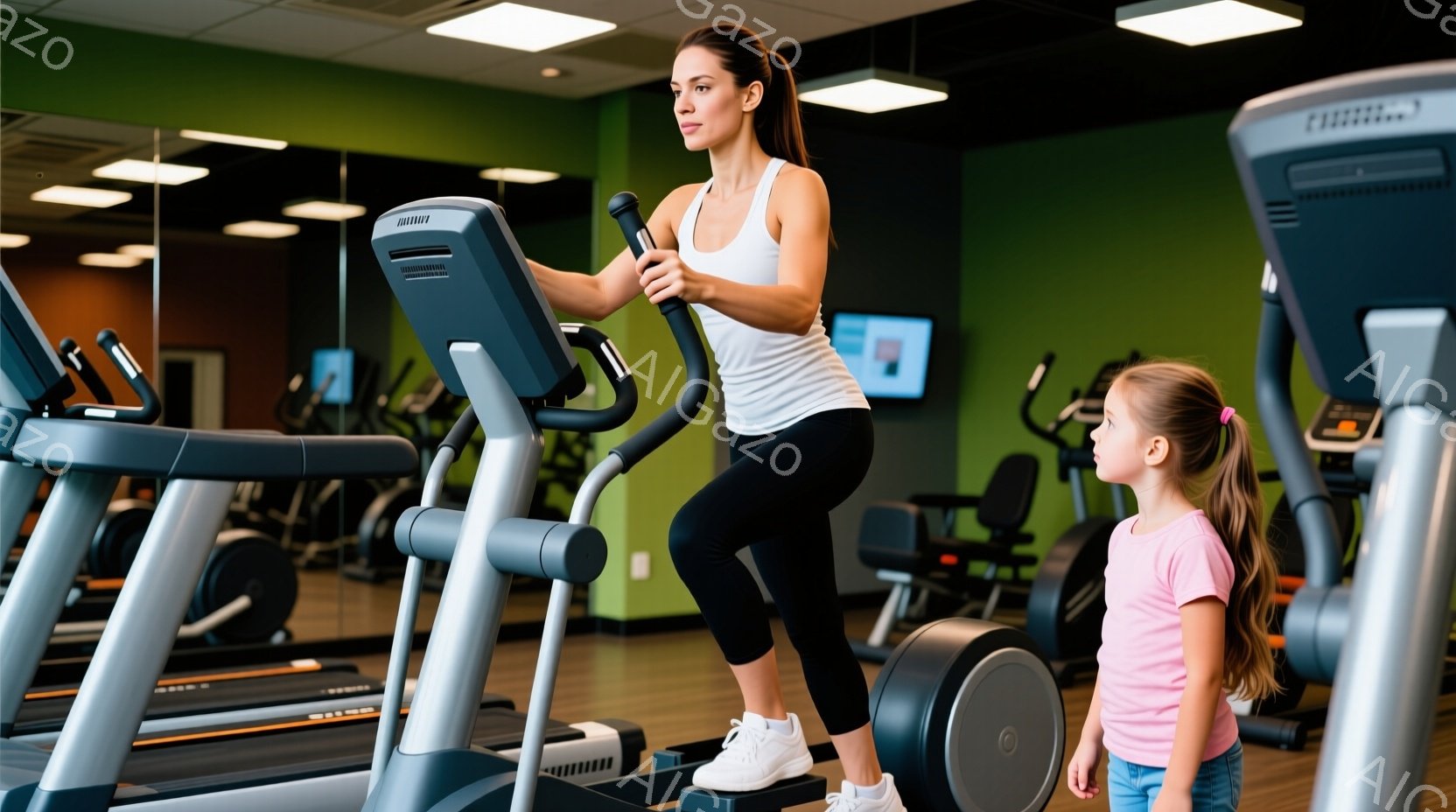 筋トレジムで女性がエリプティカルマシンを使用しています。彼女は白いタンクトップと黒のレギンス、スニーカーを着用し、髪は後ろで束ねられています。背景には他のトレーニングマシンが並び、緑色の壁がジム全体の明るい雰囲気を演出しています。