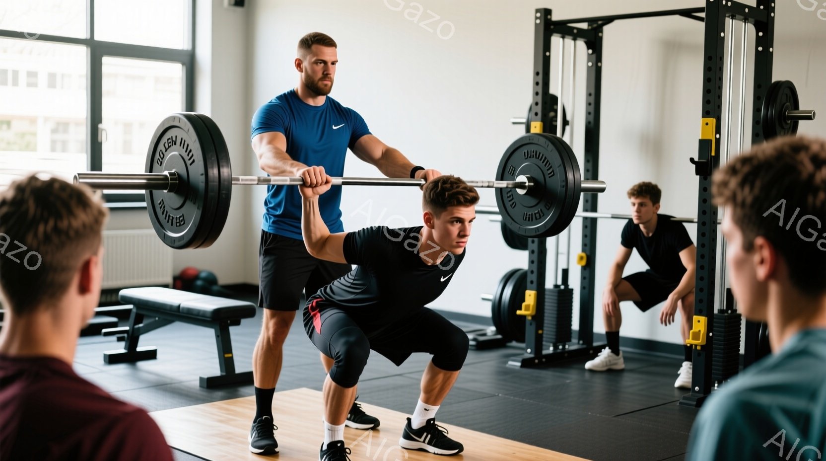 筋力トレーニングジムで、男性がスクワットをしている様子が写っている。彼は黒のショーツとタンクトップ、黒いスニーカーを着用し、短髪で引き締まった体格をしている。ジム内は、黒いゴム製の床、ベンチ、ウェイトトレーニングの機器があり、明るく清潔な印象を与える。