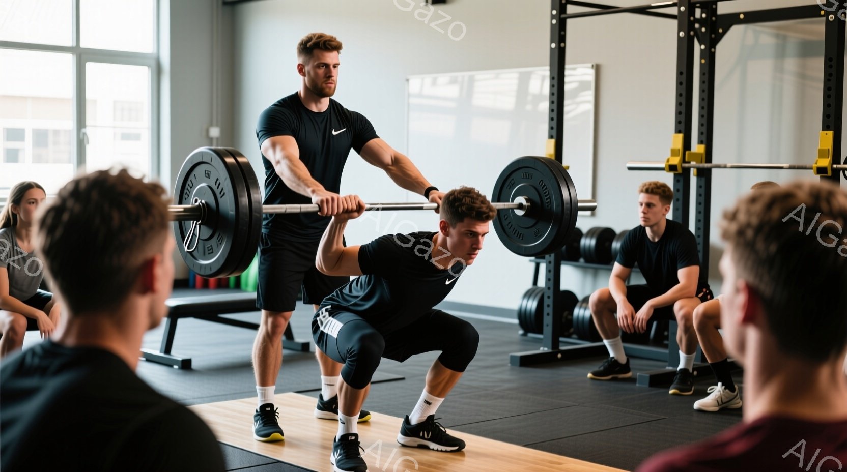 筋力トレーニングジムで、一人の男性がスクワットをしている様子が写っている。彼は黒い短パンとタンクトップを着ており、膝を曲げてバーベルを担っている。ジムの床は木製で、周囲には他のトレーニングをしている人々が座って休憩している。