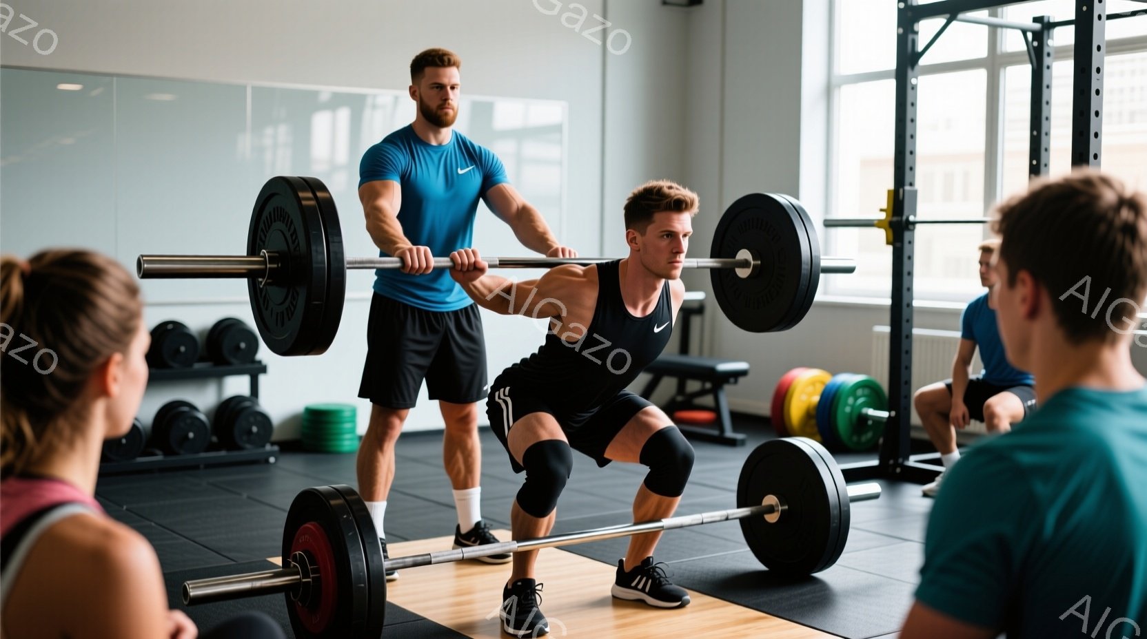 筋トレジムでスクワットをしている男性が写っています。彼は黒のタンクトップとショーツ、黒のスニーカーを着用し、バーベルに赤いプレートを載せて肩に担いでいます。ジム内には他の男性もおり、一人が青いTシャツを着て立っており、背景にはダンベルやベンチ、鏡などが確認できます。