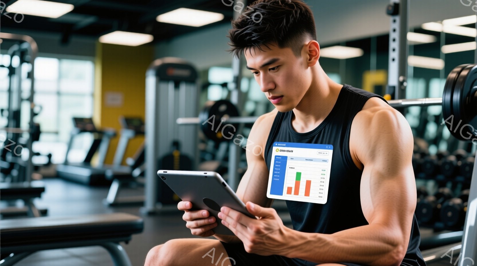 鍛え上げられた肉体を持つ男性がジムでタブレットを見ている。彼は黒のタンクトップを着ており、短く整えられた髪型をしている。背景にはジムの機器が並び、活気あるトレーニングの雰囲気が漂っている。