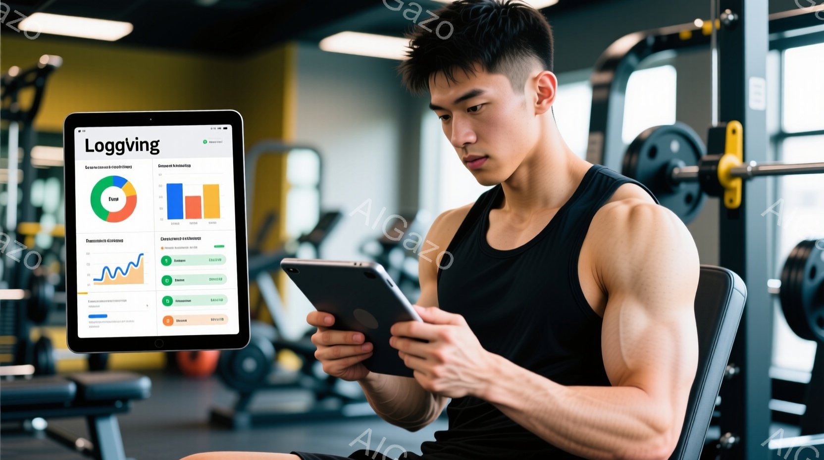 筋トレジムで、若い男性がベンチに座ってタブレットを見ている。彼は黒のタンクトップと黒のショーツを着用しており、短髪で引き締まった体格をしている。背景には、他のトレーニング機器やジムの設備が見え、活気ある雰囲気を感じさせる。