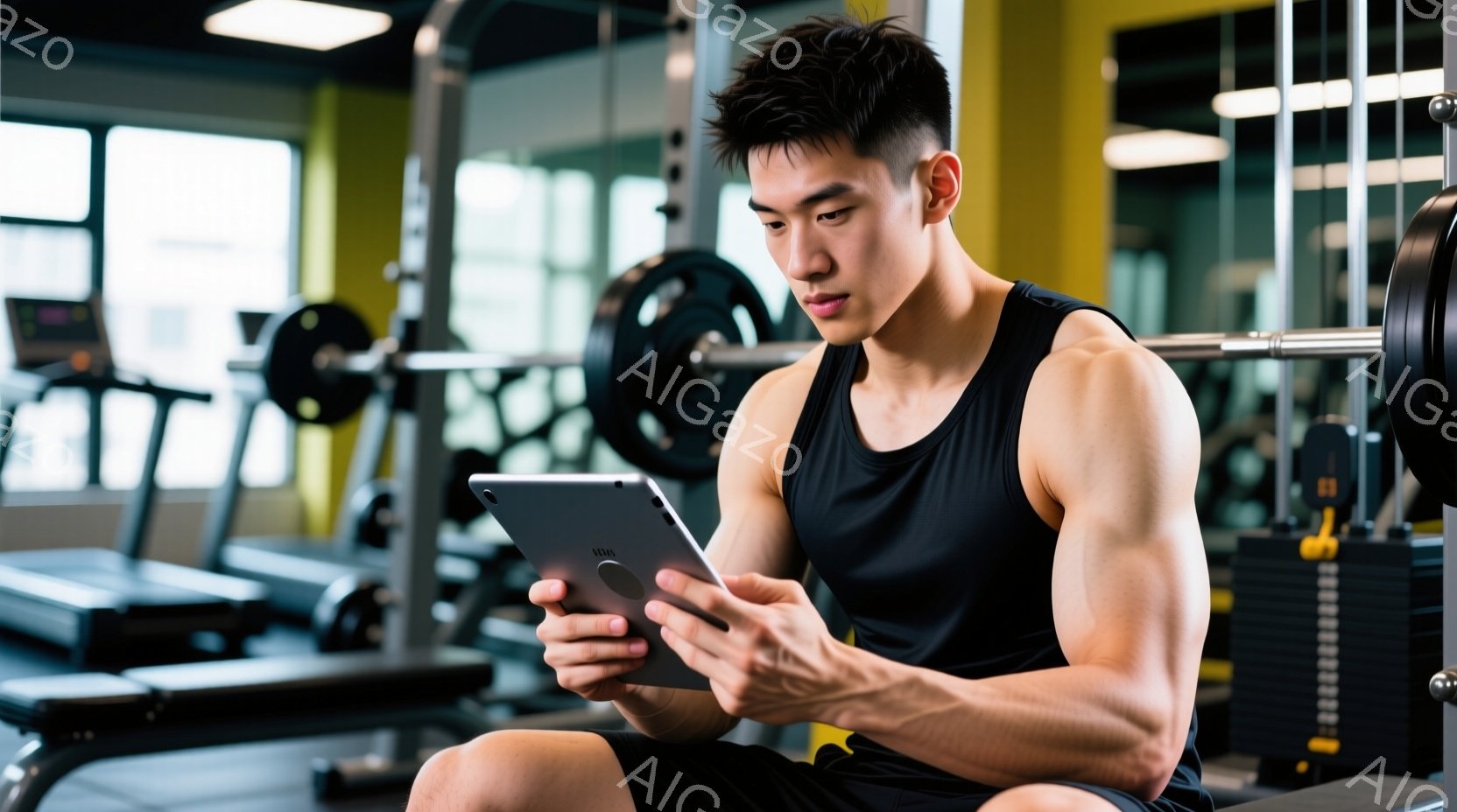 鍛え上げられた肉体を持つ男性が、ジムでタブレットを見ている。彼は黒いタンクトップとショーツを着用し、短く整えられたヘアスタイルをしている。ジムの背景には、ウェイトトレーニング器具やトレッドミルが並び、活気のあるトレーニング空間を伝えている。