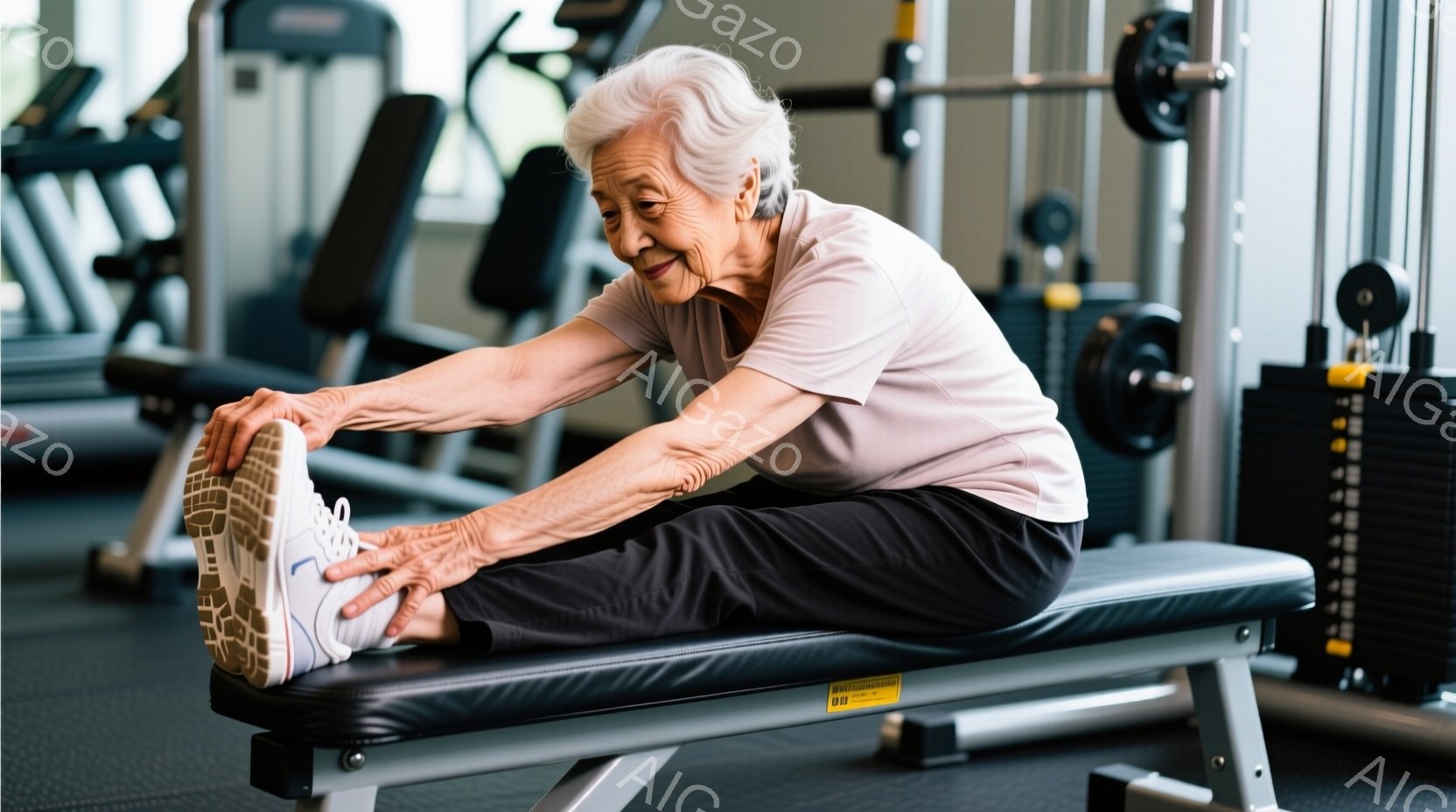 白髪の女性がフィットネスジムでストレッチをしている。ピンク色のTシャツと黒いズボンを着用し、片足をベンチに乗せて前屈している。背景にはトレーニング器具が並び、活気があり健康的な雰囲気が漂っている。 - AI生成フリー素材