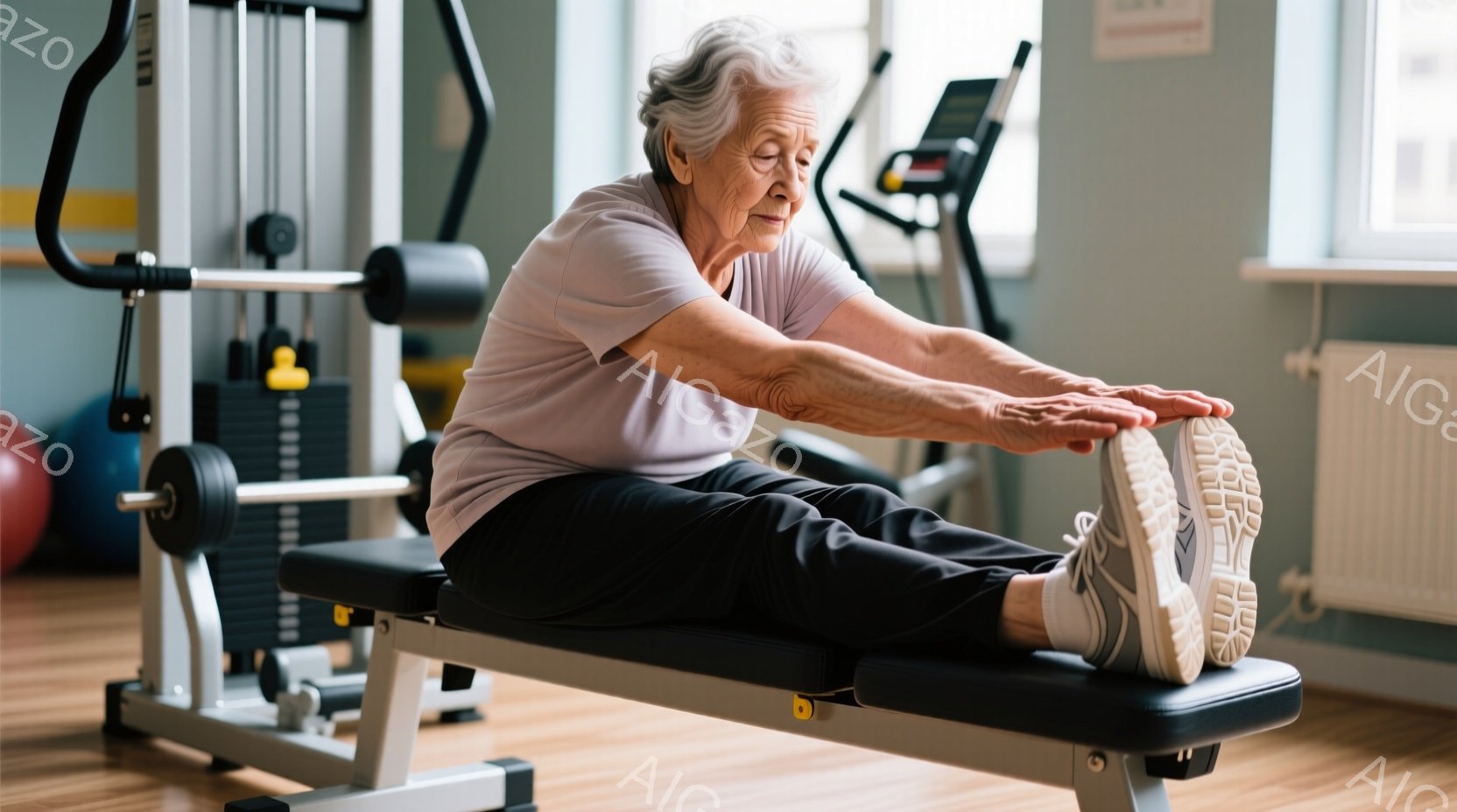 白髪で少しふっくらとした女性が、ジムのベンチに座ってストレッチをしている様子が写っている。彼女は薄いピンク色のTシャツと黒いズボンを着用し、足元にはスニーカーを履いている。背景には、筋力トレーニング器 - AI生成フリー素材