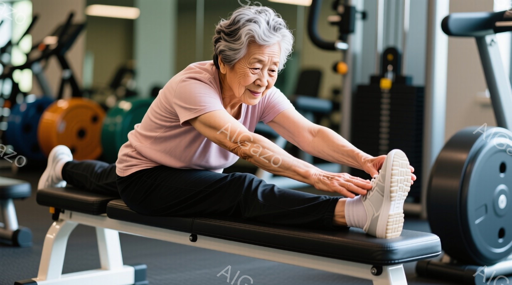 白髪で少しウェーブのかかった髪の女性が、フィットネスジムでストレッチをしている。ピンク色のTシャツと黒いパンツ姿で、ベンチに座って片足を伸ばし、つま先を掴んでいる。背景にはジムの機器や他のトレーニング - AI生成フリー素材