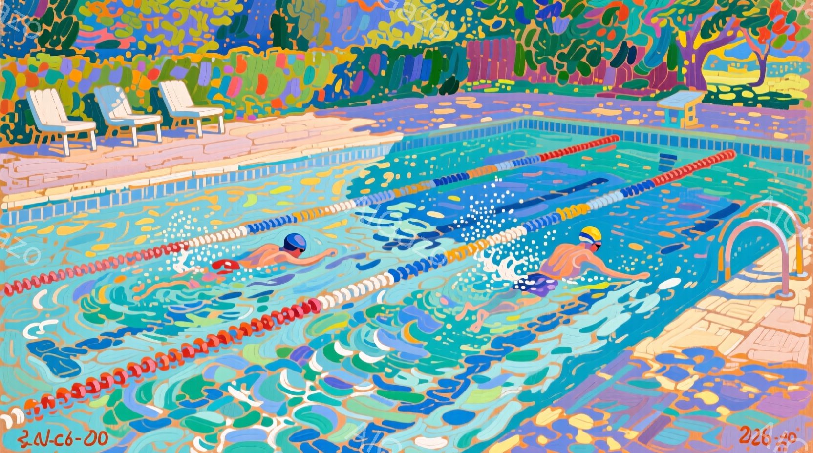 この絵は、鮮やかな色彩で描かれた屋外プールを捉えています。水面には水泳選手がおり、鮮やかな水しぶきが動きを表現しています。背景には、パステルカラーの建物や緑豊かな木々が見られ、明るく暖かい夏の日の雰囲気が漂っています。