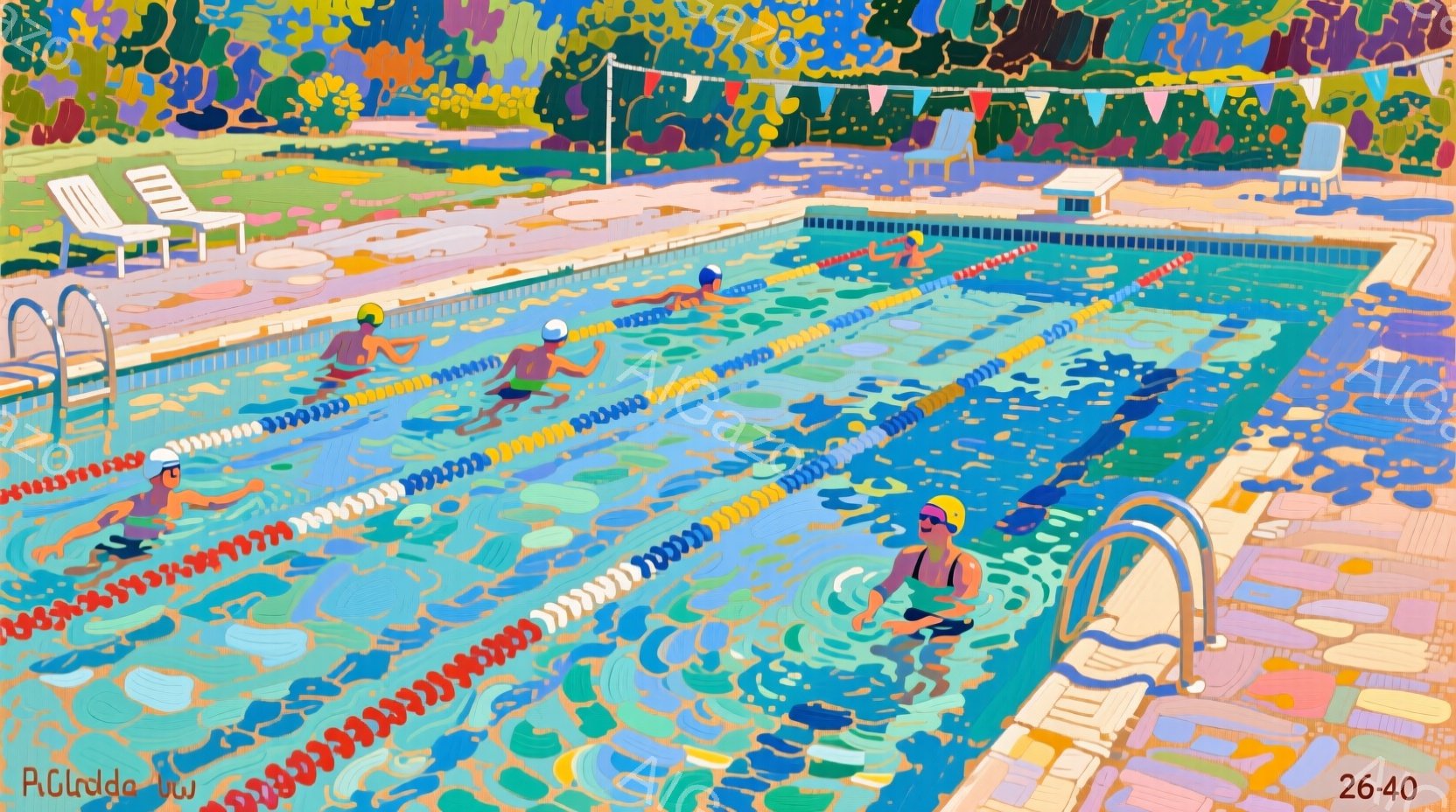 鮮やかな色彩で描かれた屋外プールには、複数の水泳者がいます。彼らはそれぞれ異なる色の水着とキャップを着用し、クロールで泳いでいます。プールの背景には、緑豊かな木々、カラフルなデッキチェア、そして青い空 - AI生成フリー素材