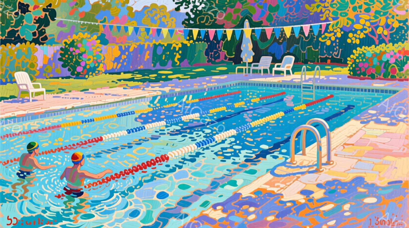 プールの水面は鮮やかな青とターコイズで表現され、水しぶきが躍動感を演出しています。一人のスイマーは緑色の水着とキャップを着用し、水中で前進しています。背景には、カラフルなパラソルと白いデッキチェアが配置され、夏の賑やかな雰囲気が漂います。