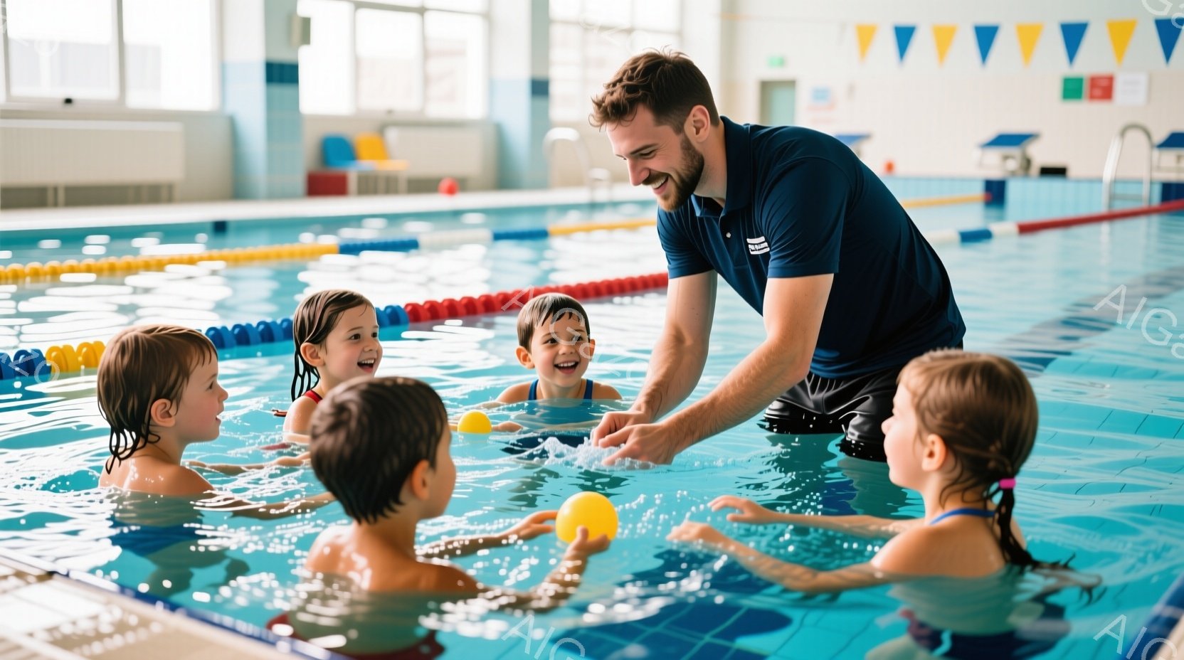 室内プールで水泳のレッスンが行われています。インストラクターは黒い水着の上に濃い青色のポロシャツを着ており、笑顔で5人の子供たちに黄色いボールを差し出しています。子供たちは水中で笑顔でボールを受け取ろうとしており、明るく楽しい雰囲気が漂っています。