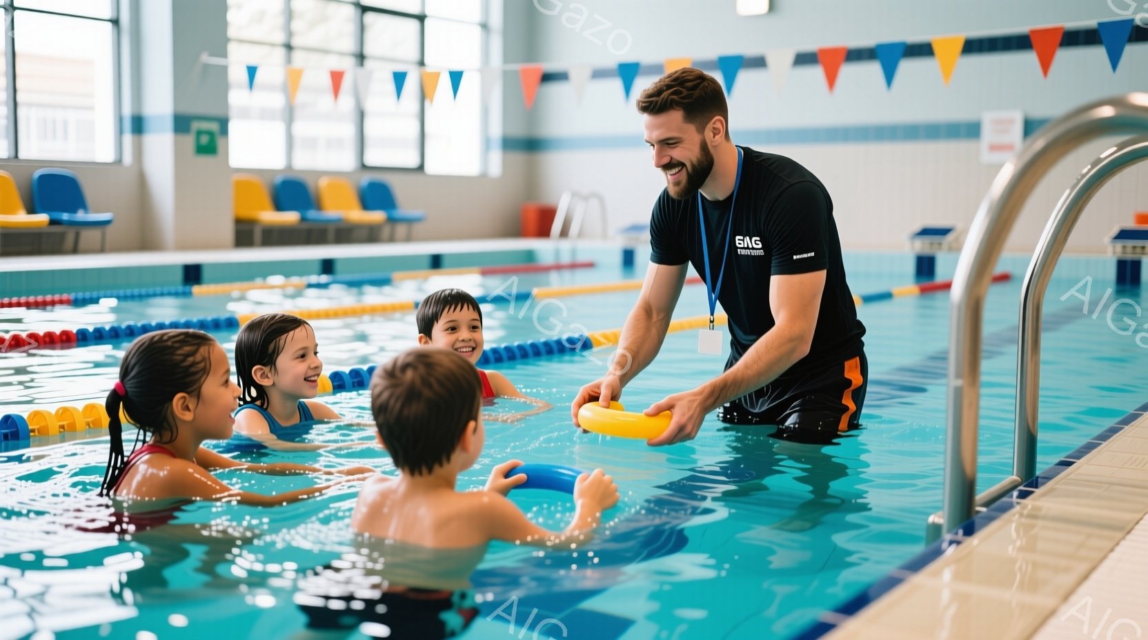 室内プールで、水泳インストラクターが子供たちに水泳を教えている様子が写っている。インストラクターは黒い水着姿で、子供たちは色とりどりの水着を着ており、みんな笑顔で水の中を楽しんでいる。プールの壁にはタイルが貼られ、背景にはぼやけた観客席が見え、明るく活気のある雰囲気である。
