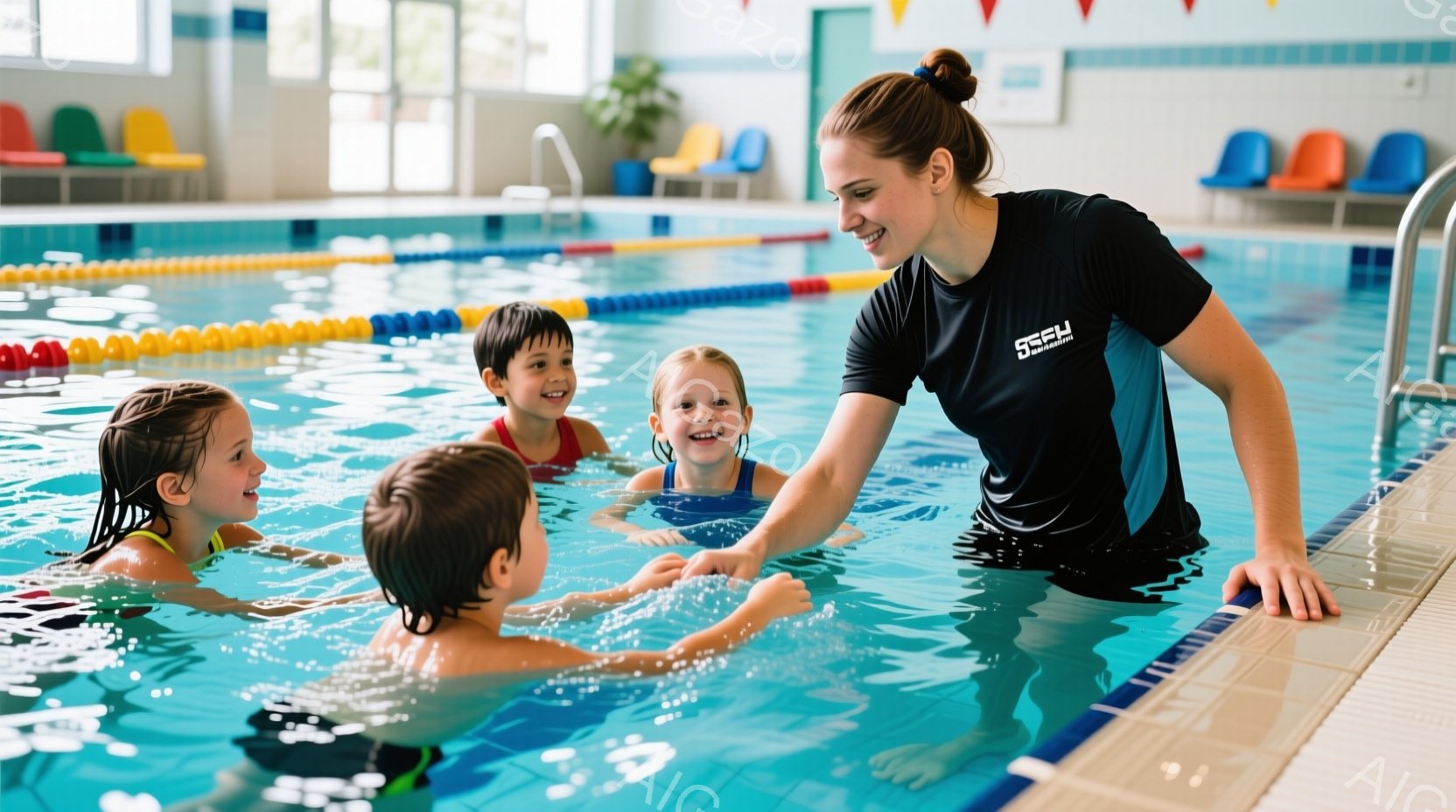水泳プールの内側で、インストラクターらしき女性が、4人の子供たちに水泳の指導をしている様子が写っています。子供たちは皆、水中で笑顔で、インストラクターの指示を聞いているようです。背景には、青いタイルで覆われたプールの壁と、カラフルな椅子が見え、明るく活気のある雰囲気です。