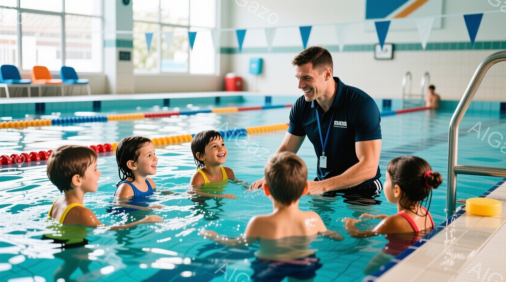 プールの水中で、インストラクターが笑顔で子供たち5人に囲まれている。子供たちは水着を着ており、インストラクターはポロシャツと短パンを着ている。背景にはプールの壁と、ぼやけた他の人物が見え、明るくポジティブな雰囲気が漂っている。