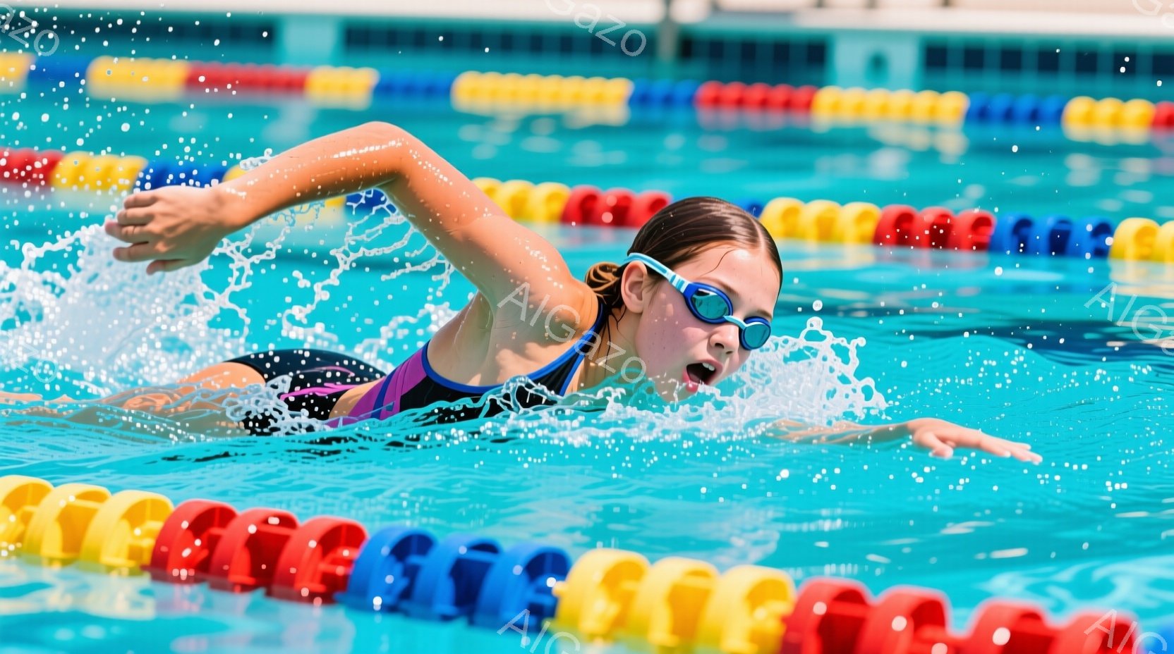 水泳帽とゴーグルを着用した少女が、プールの中でクロール泳法で泳いでいる。彼女は集中した表情で、腕を大きく回し、水しぶきを上げている。背景には、カラフルなレーンロープと、水面の反射が見え、活気あるスイミ - AI生成フリー素材