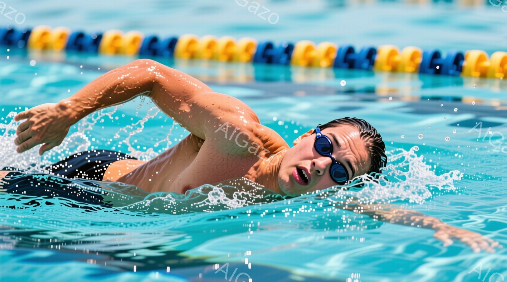 水泳選手が水中でクロール泳法を行っている様子が写っている。彼は黒い水着を着用し、ゴーグルをかけ、力強いストロークで前進している。背景には水面の反射と、プールのタイルが確認でき、全体的に活気のある競技の - AI生成フリー素材