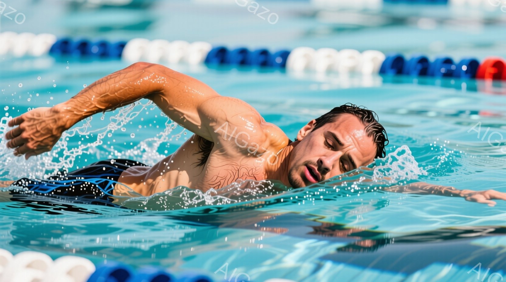 水泳競技者が水中でクロール泳法で泳いでいる様子が捉えられています。彼は筋肉質で日焼けした体つきをしており、黒い水着を着用しています。背景には、水面の反射とプールのタイルが見え、競技場の雰囲気を感じさせます。